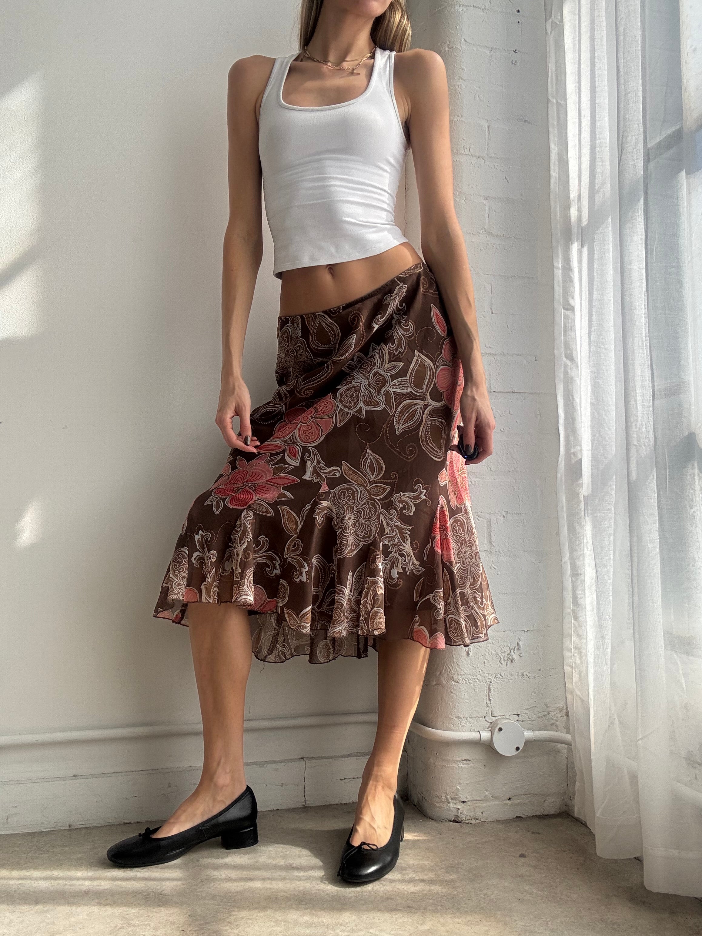 Vintage Y2K brown floral mesh ruffle hem midi skirt