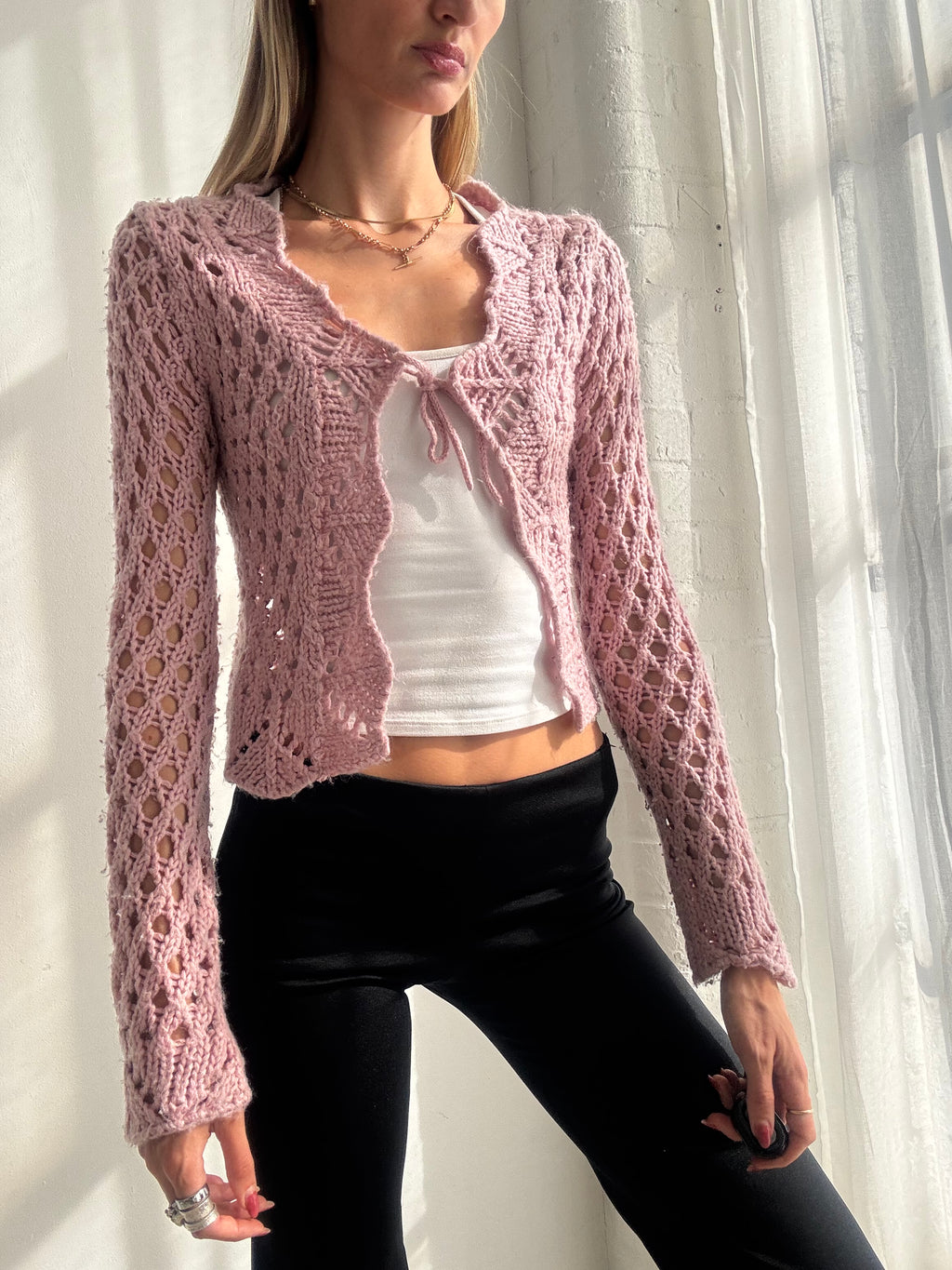 Vintage Y2K Dusty Pink Crochet Tie Front Cardigan - Size XS-S