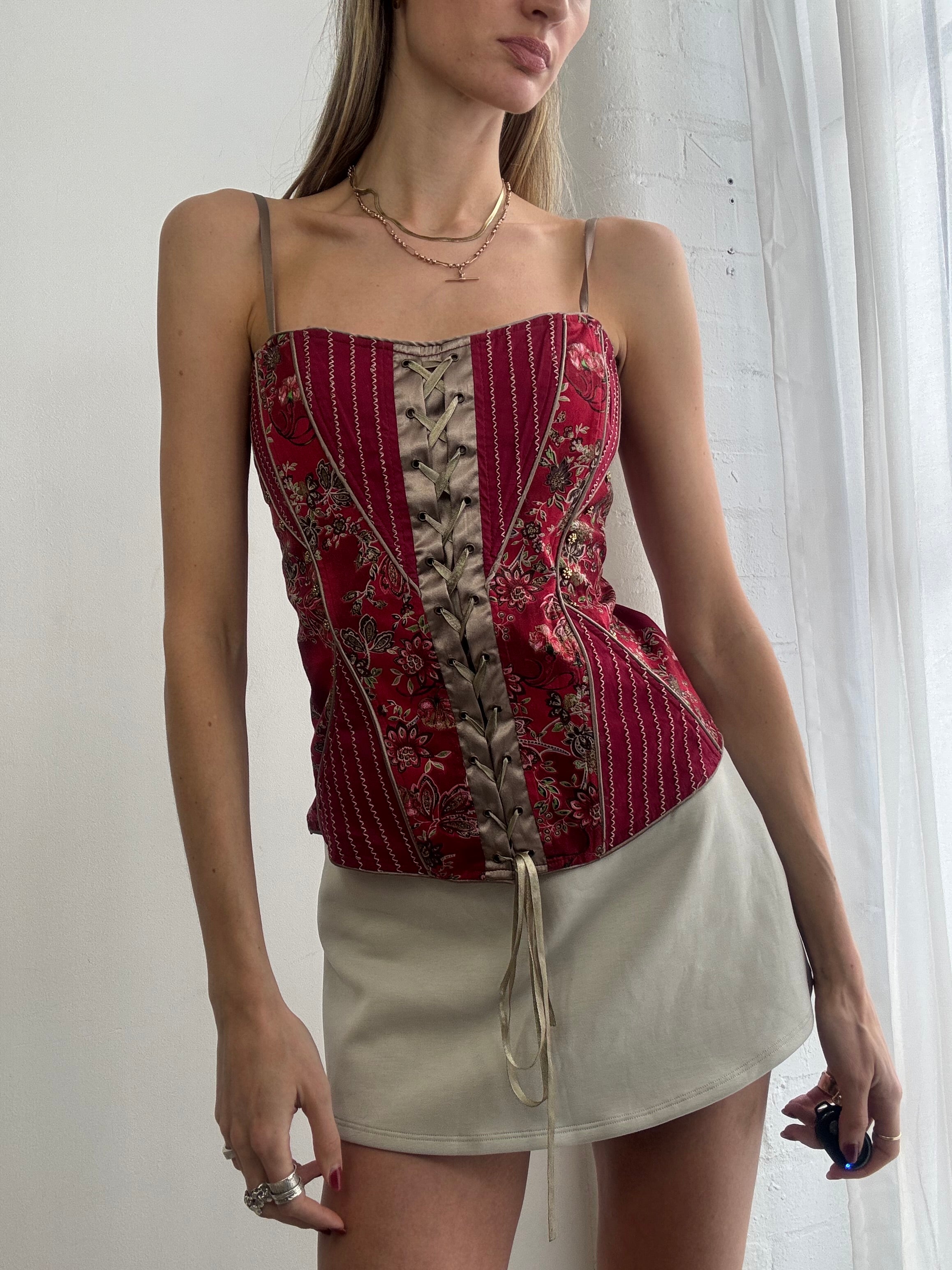 Vintage Y2K red embroidered corset cami top