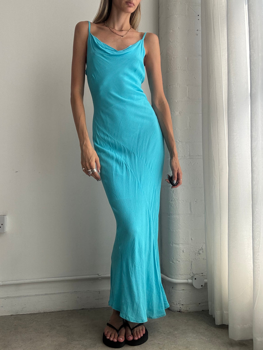 Vintage Y2K Turquoise Cowl Neck Maxi Dress – Bias Cut Slip Evening Dress - Size S