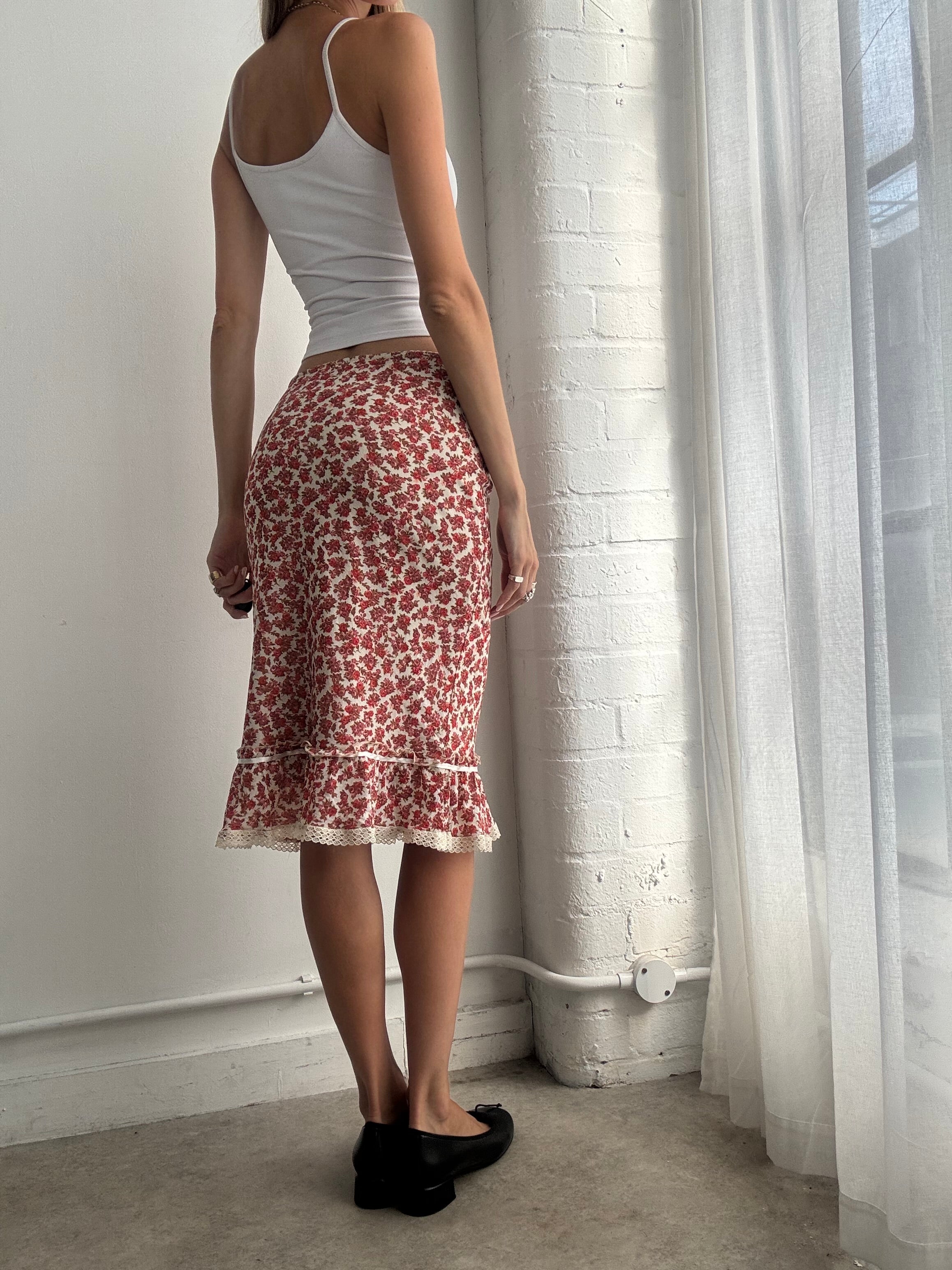Vintage Y2K Floral Ruffle Hem Midi Skirt - Size M