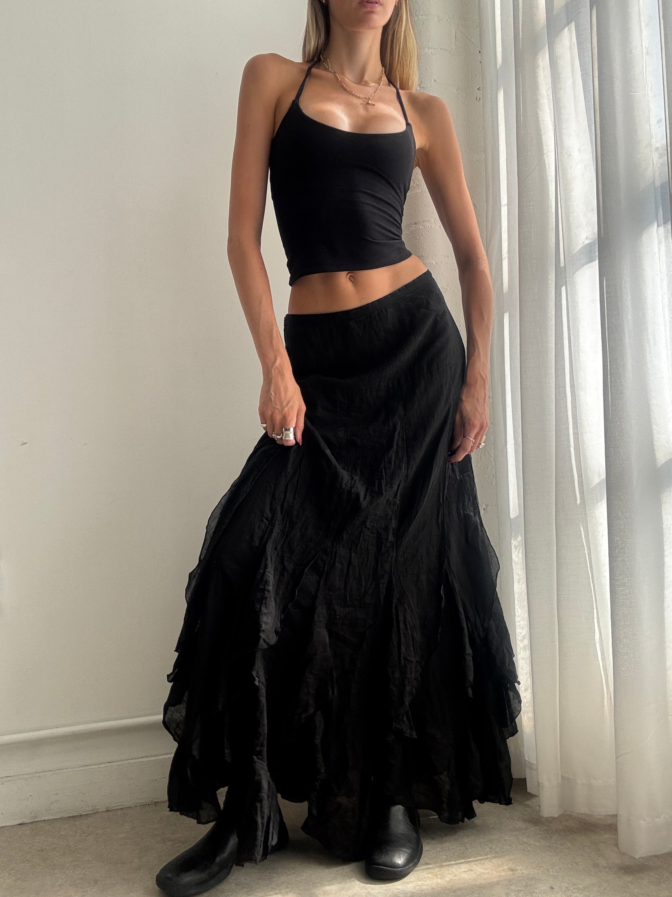 Vintage Y2k Black Ruffle Maxi Skirt - Size S/M