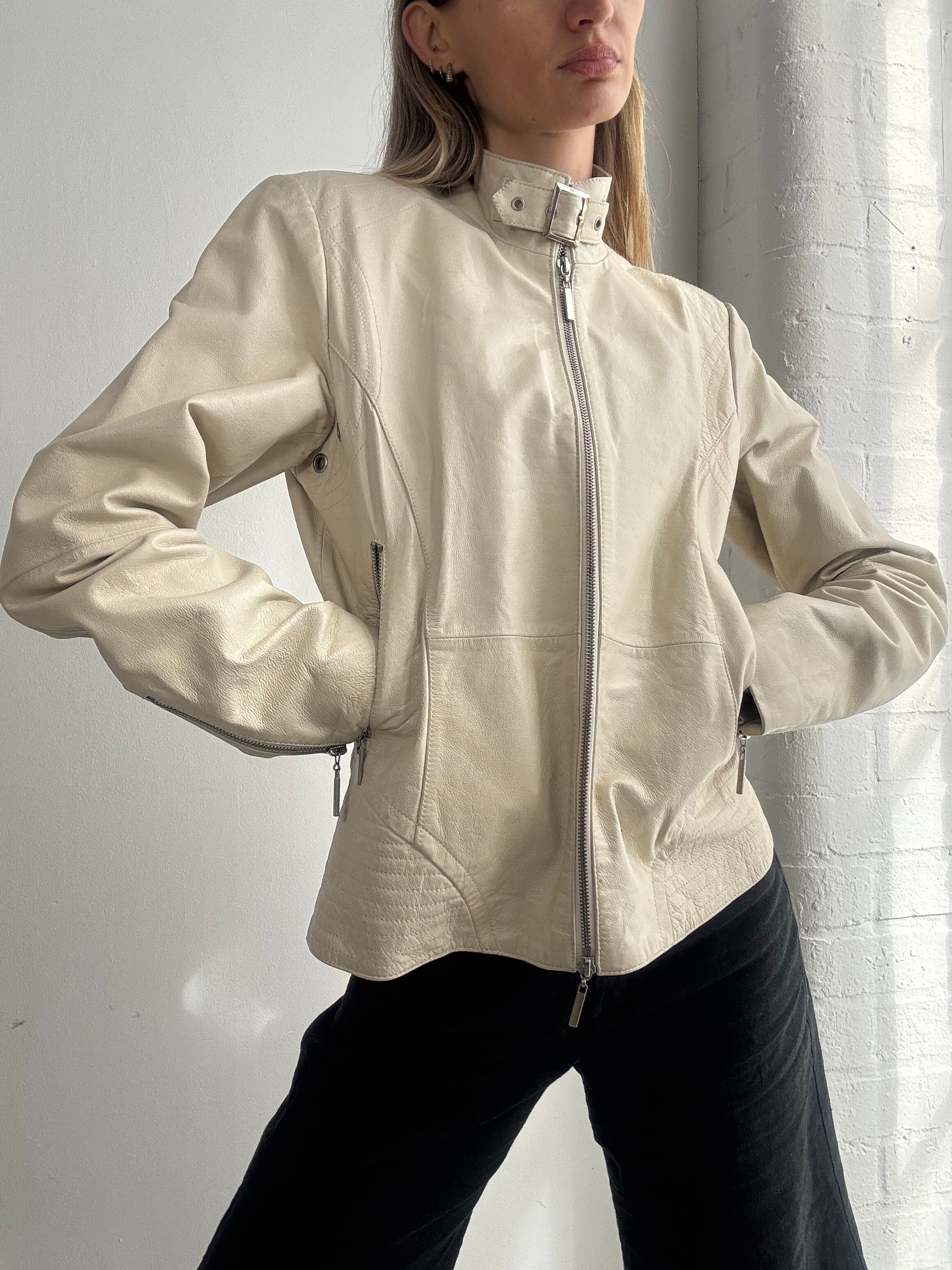 Vintage Y2K cream leather biker jacket - Size M