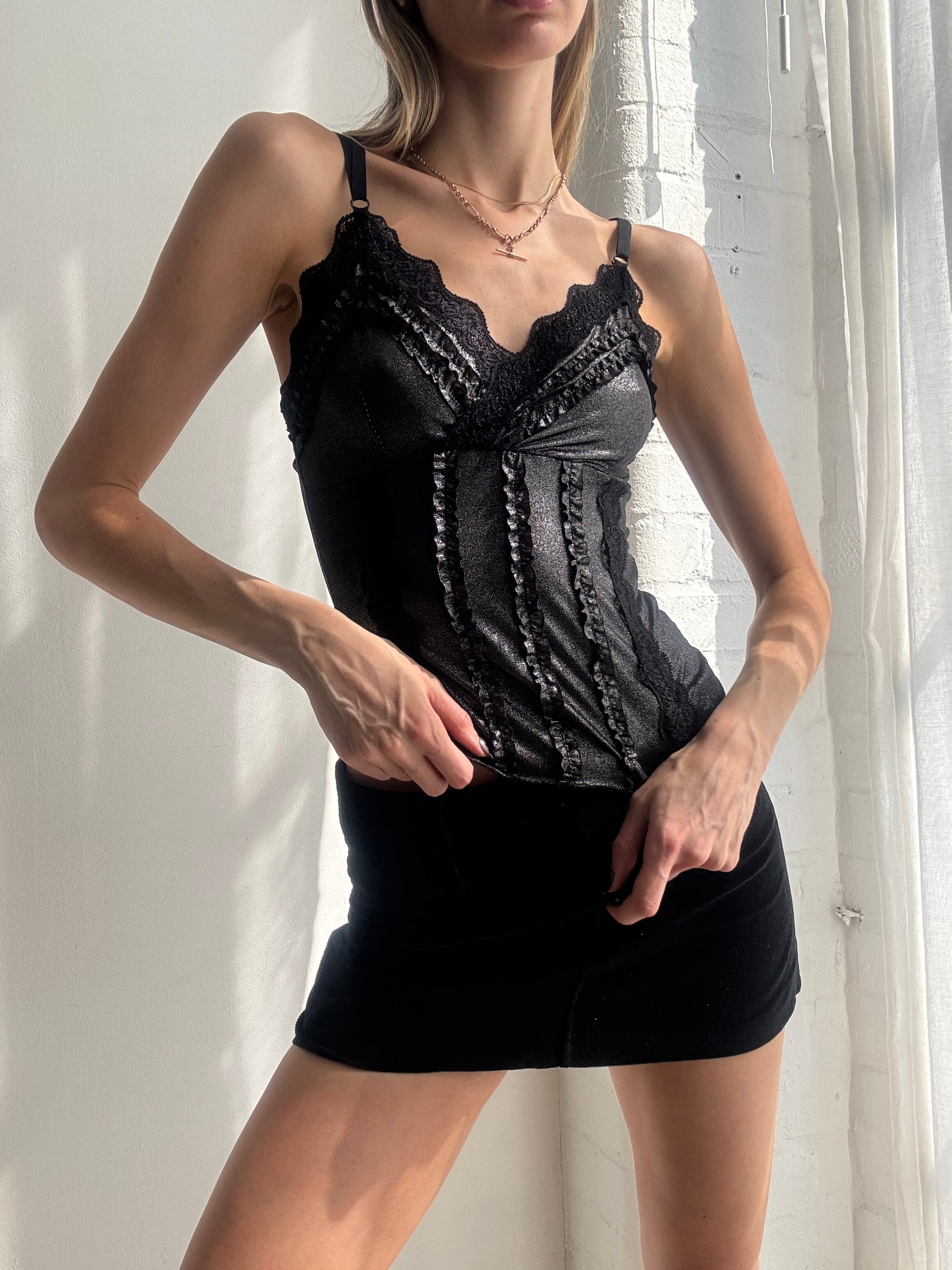 Vintage Y2K black & silver lace corset cami top - Size S