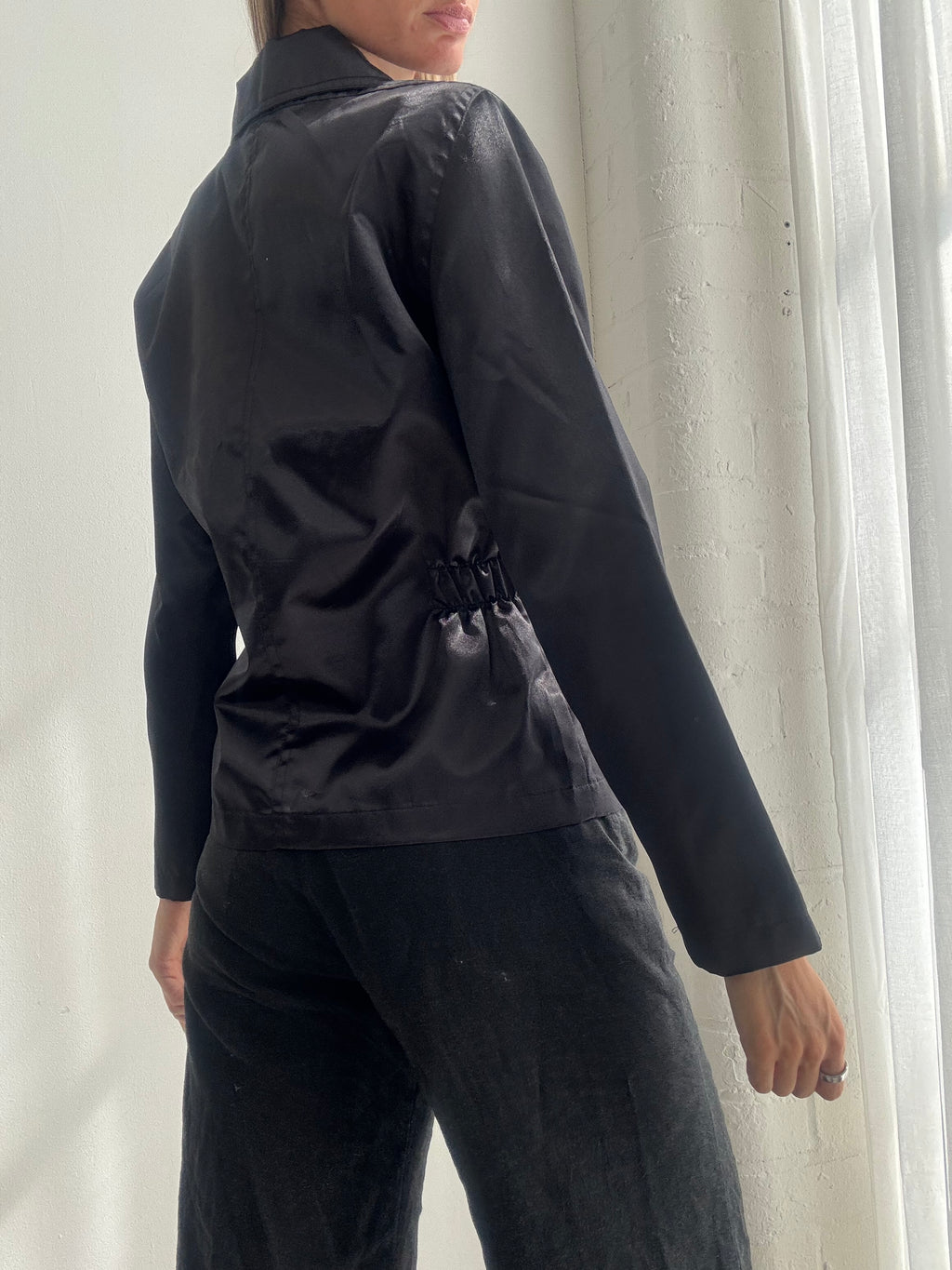 Vintage Y2K Black Satin Fitted Zip-Up Jacket - Size S