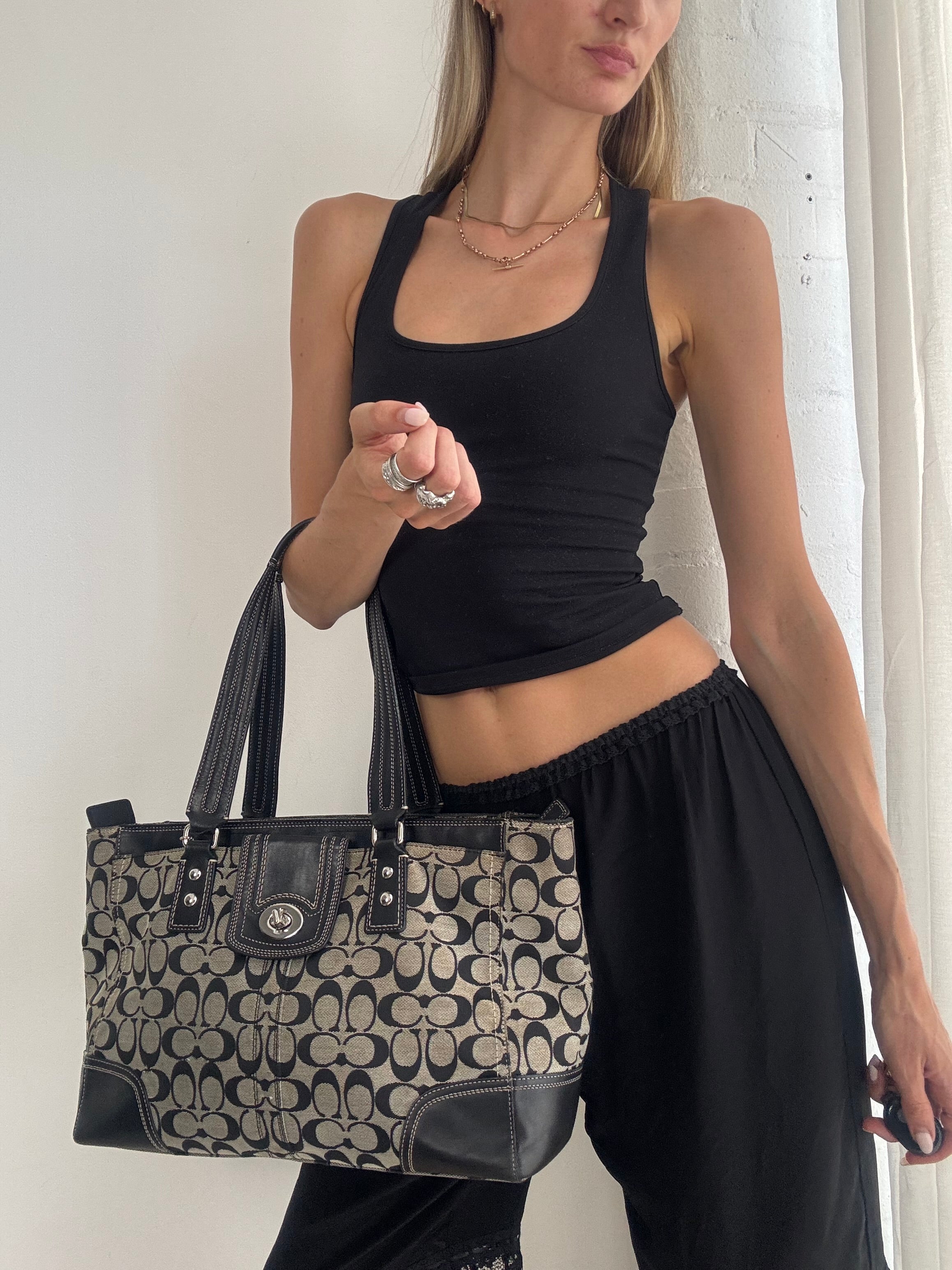 Vintage Y2K Coach Signature Tote Bag – Black Monogram Canvas & Leather Shopper