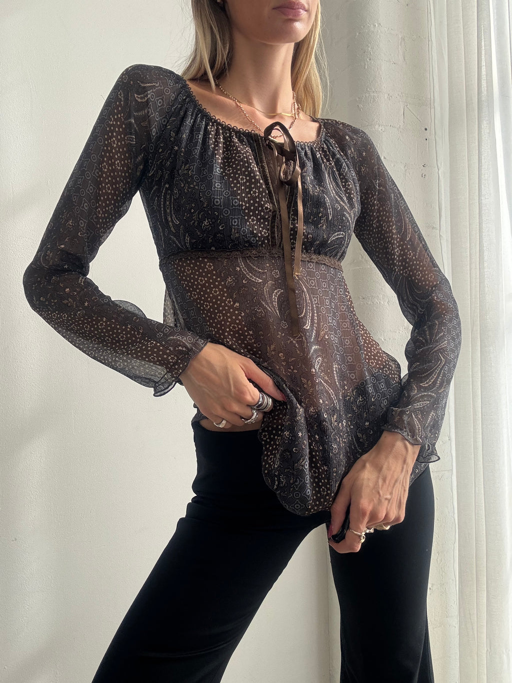 Vintage Y2K Brown Paisley Sheer Mesh Peasant Top - Size S