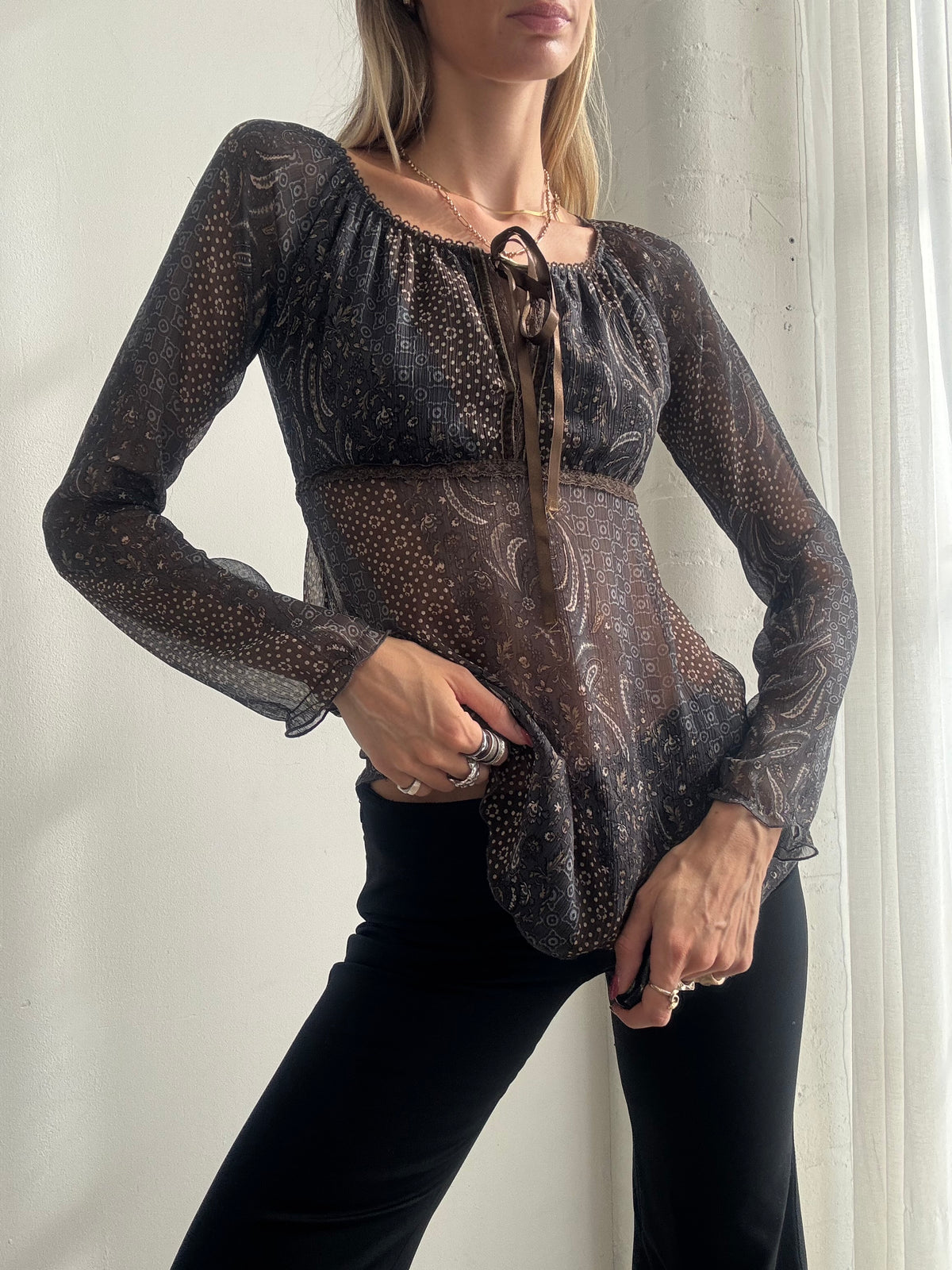 Vintage Y2K Brown Paisley Sheer Mesh Peasant Top - Size S