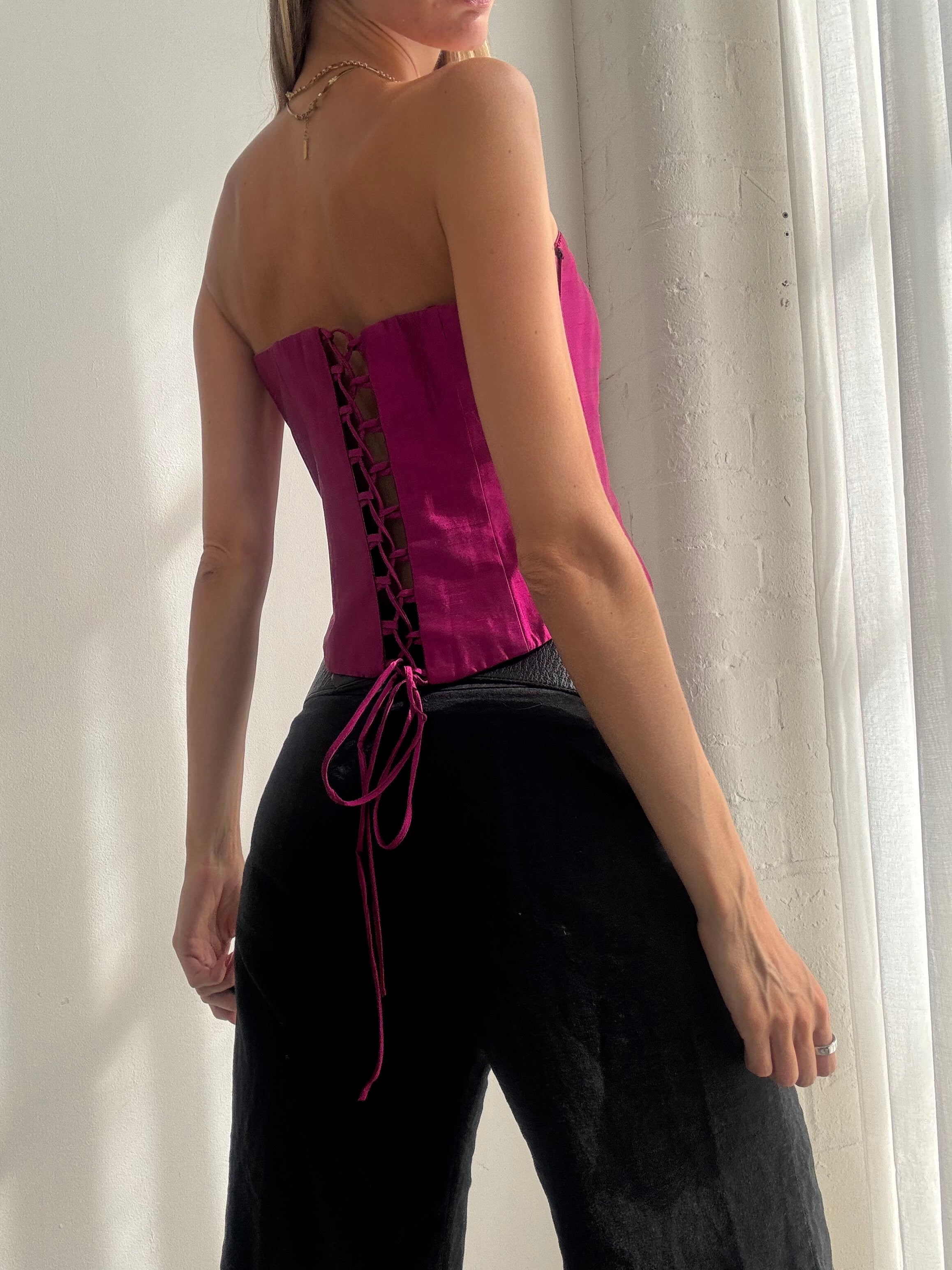 Vintage Y2K Hot Pink Satin Corset Top - Size M