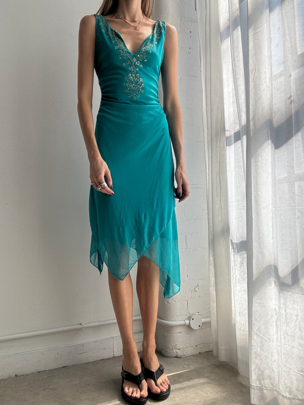 Vintage Y2K teal embellished midi dress - Size M