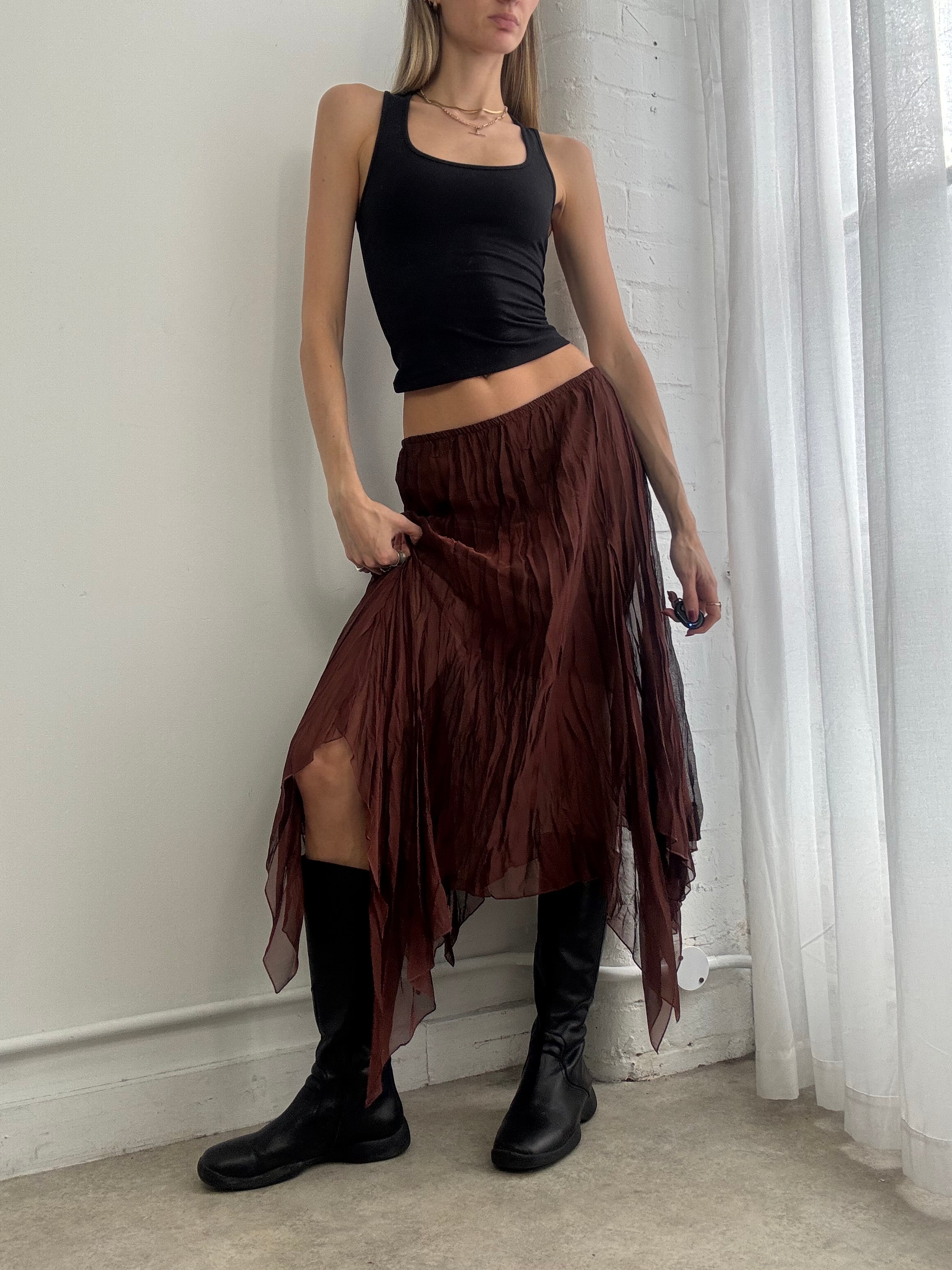 Vintage Y2K brown sheer mesh asymmetric pleated midi skirt