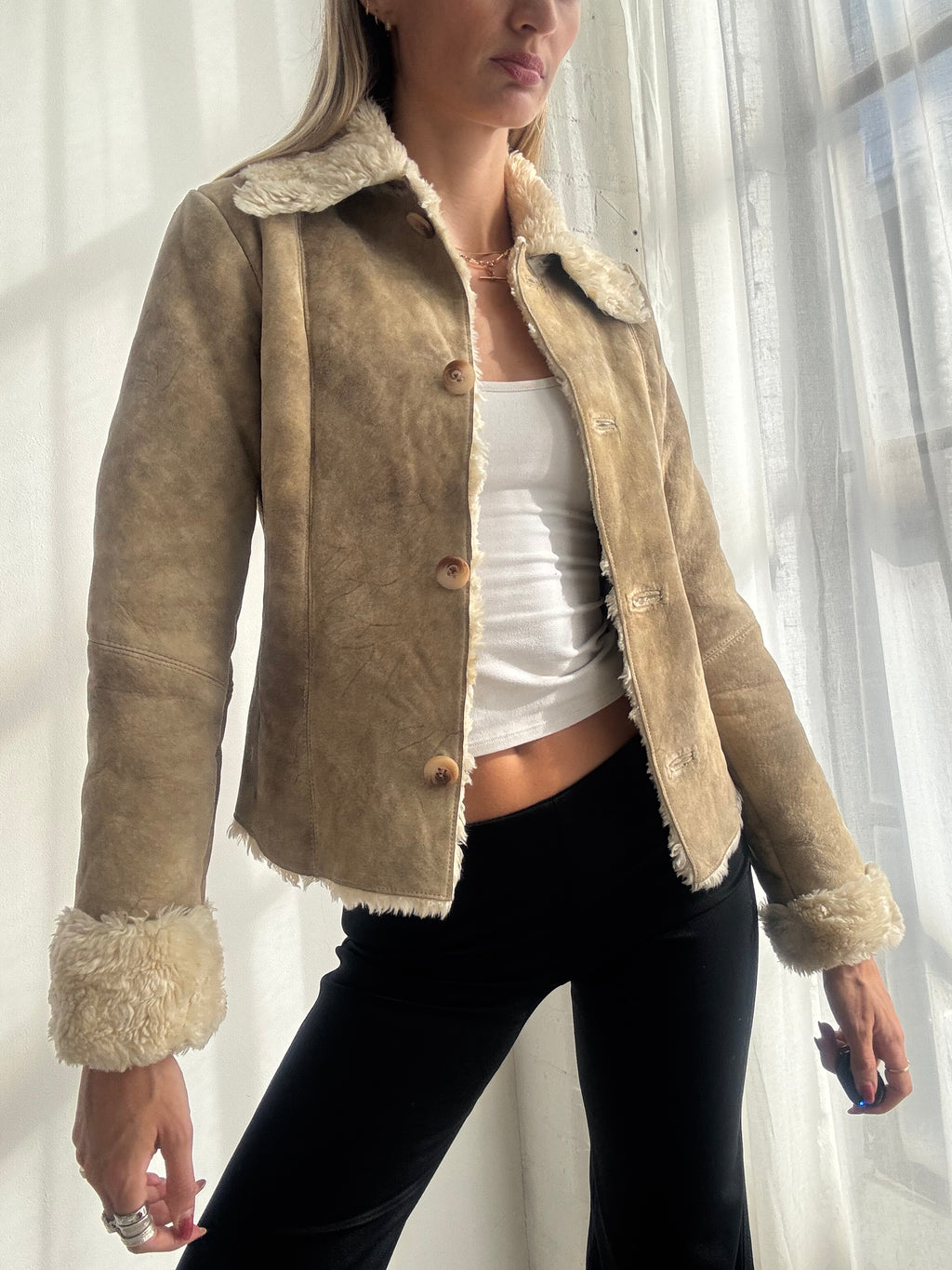 Vintage Y2K Tan Suede Faux Fur Trim Jacket - Size XS