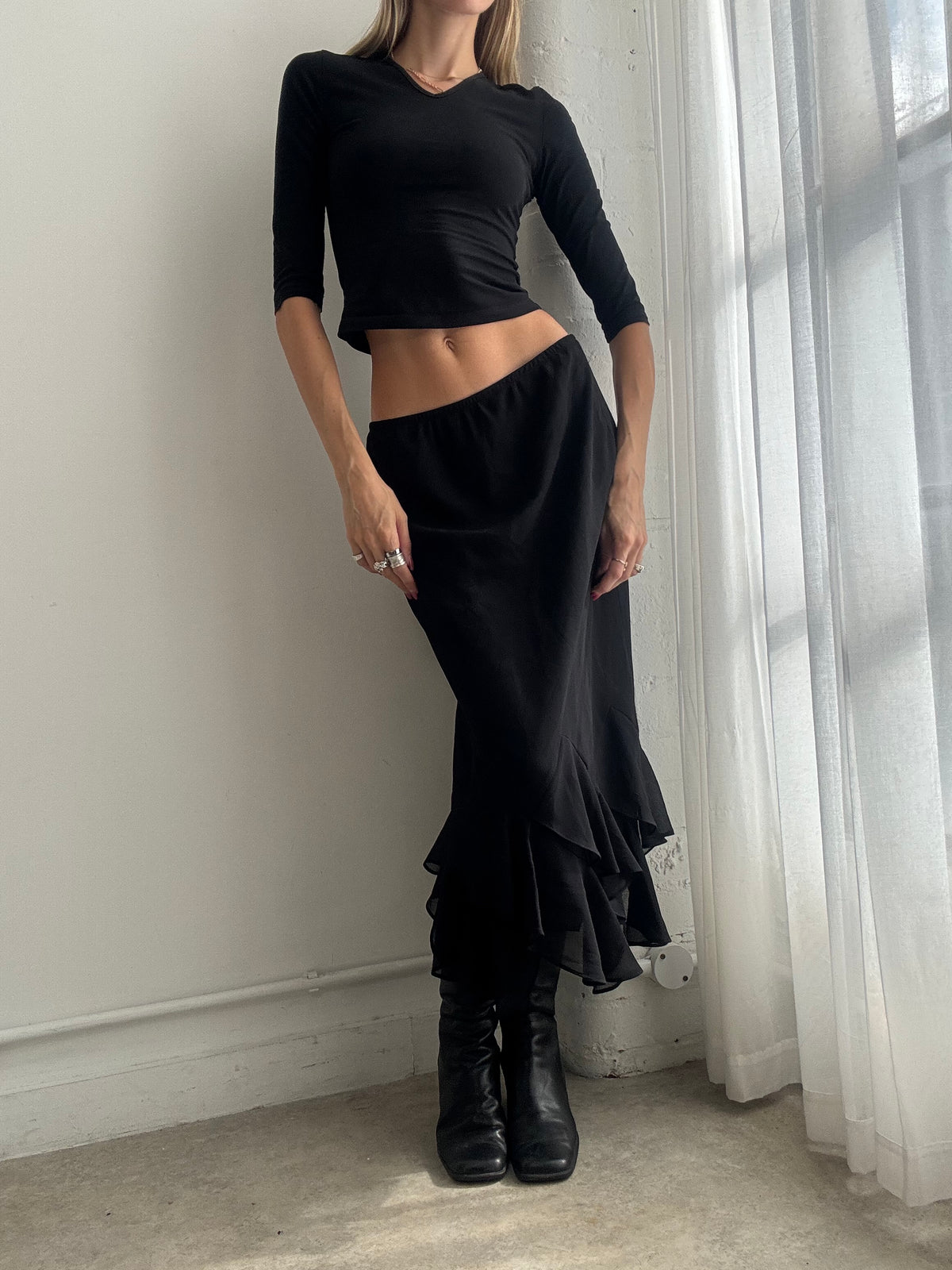 Vintage Y2K Black Asymmetric Mesh Ruffle Midi Skirt - Size S-M