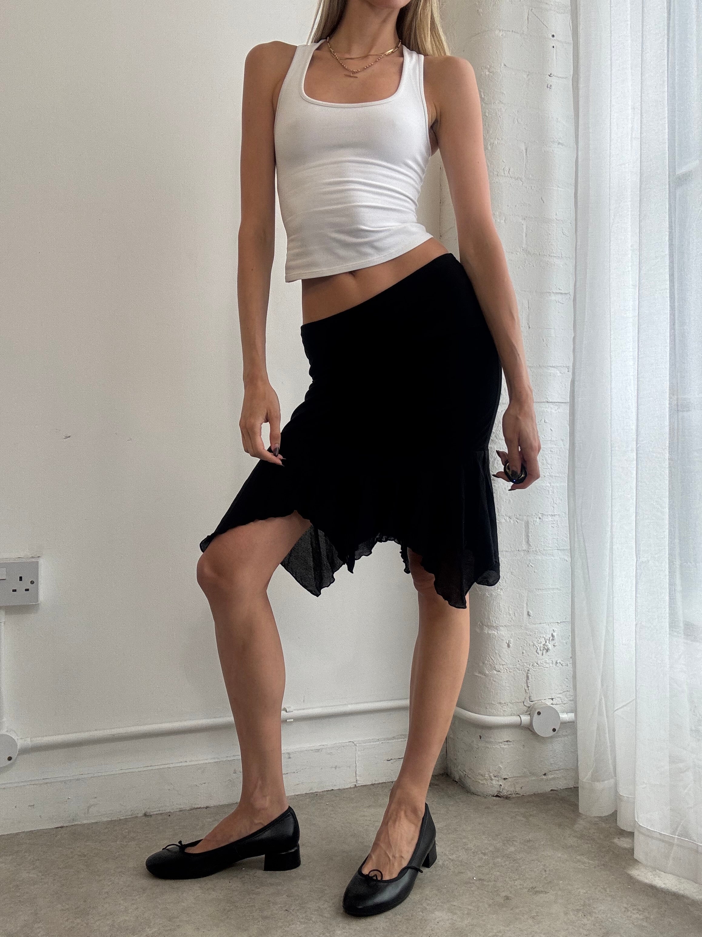 Vintage Y2K black asymmetric mesh midi skirt - Size XS
