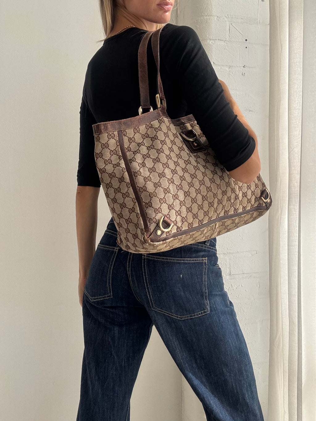 Vintage Gucci GG Monogram Abby Brown Tote Shoulder Bag
