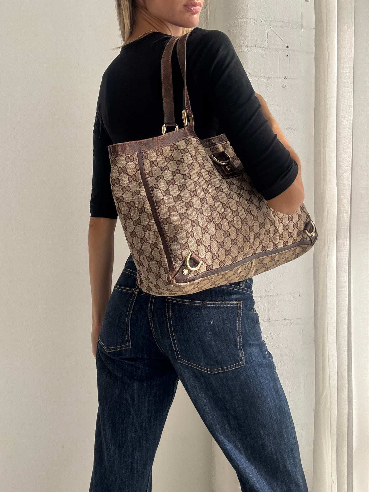 Vintage Gucci GG Monogram Abby Brown Tote Shoulder Bag