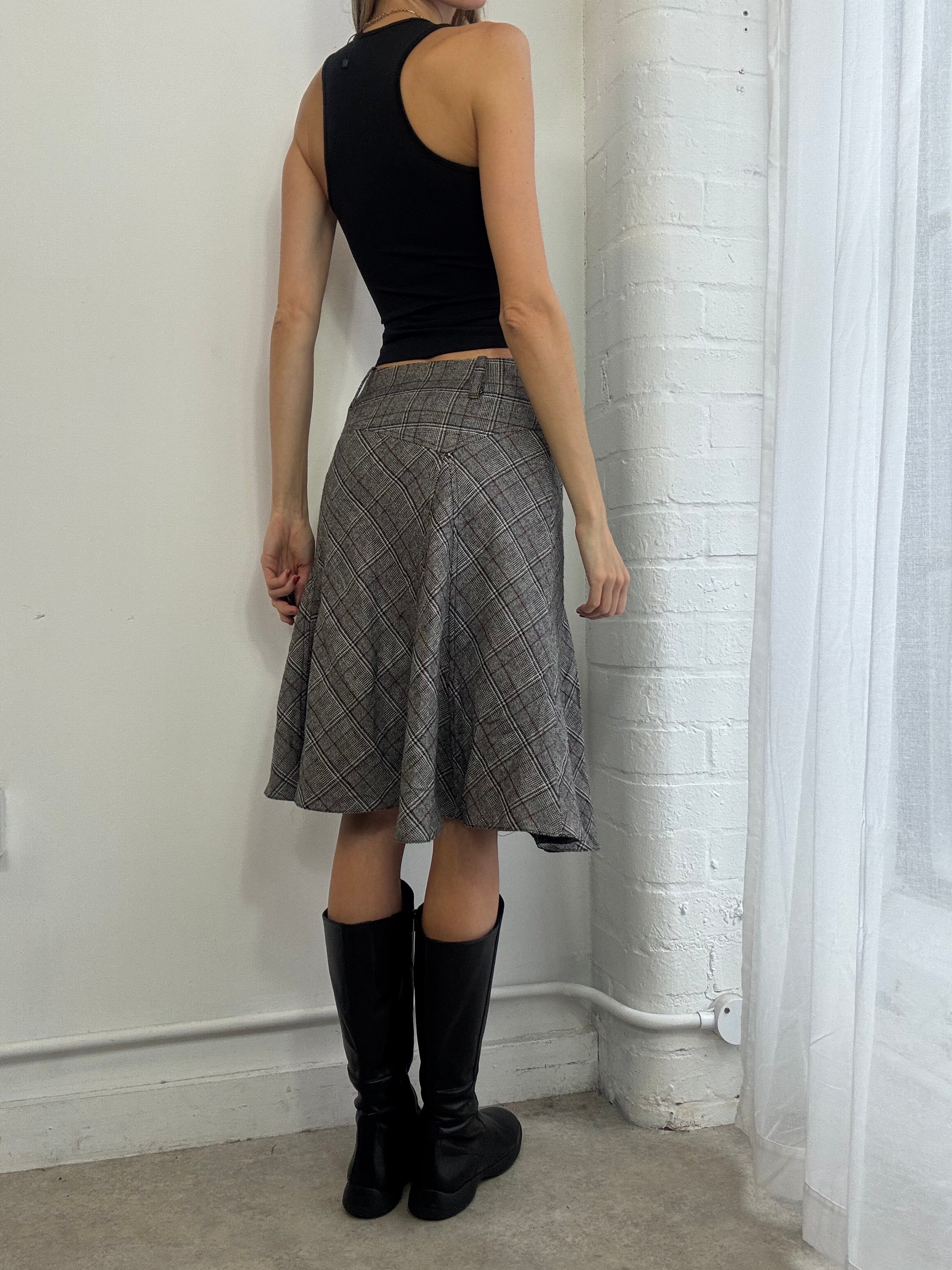 Vintage Y2K grey plaid wool midi skirt