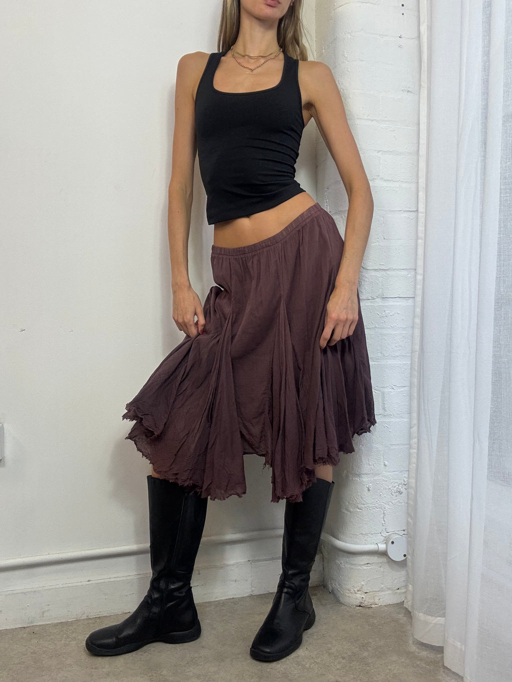 Vintage Y2K brown cotton asymmetric floaty midi skirt