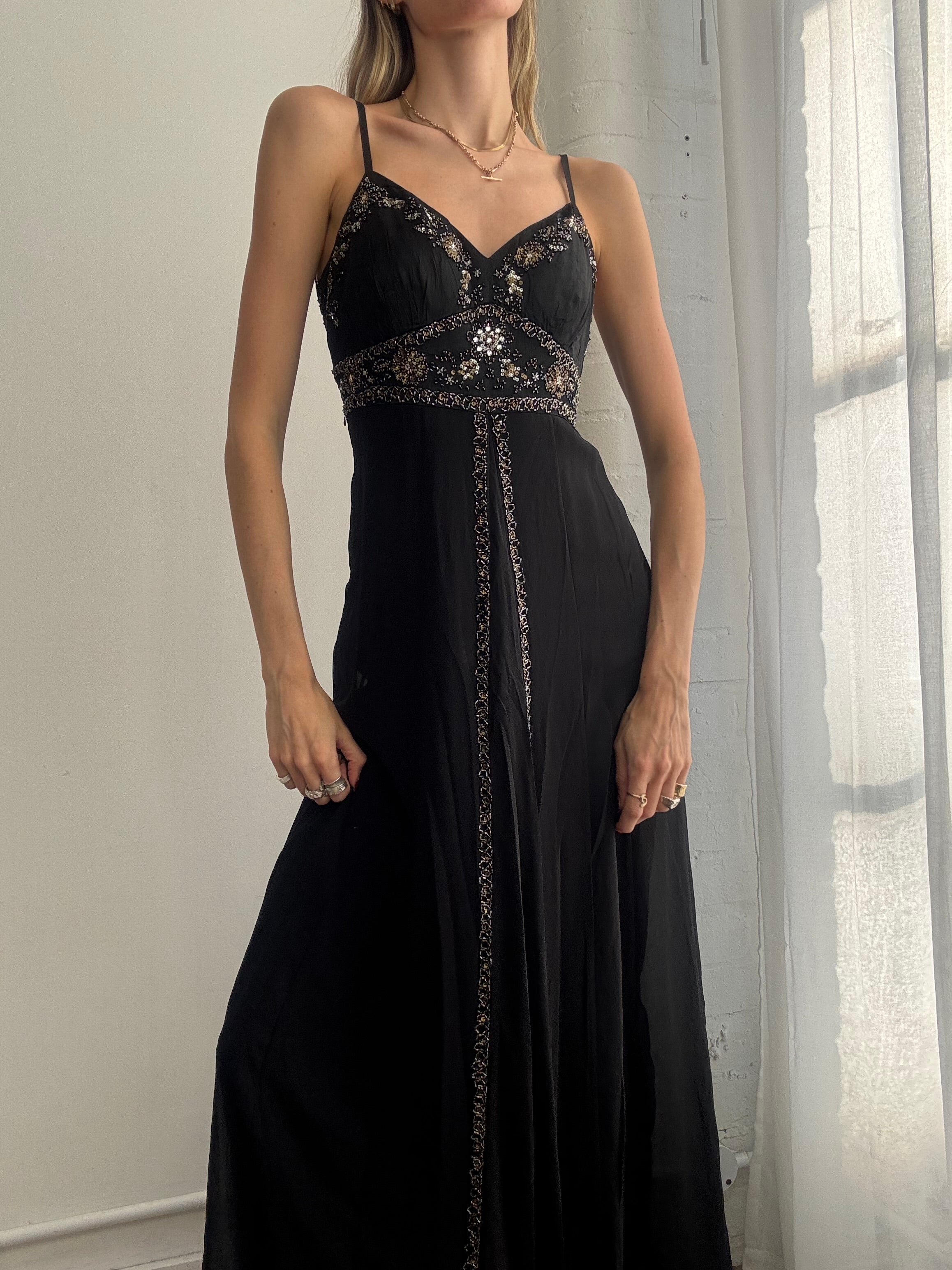 Vintage Y2K beaded black mesh slip dress
