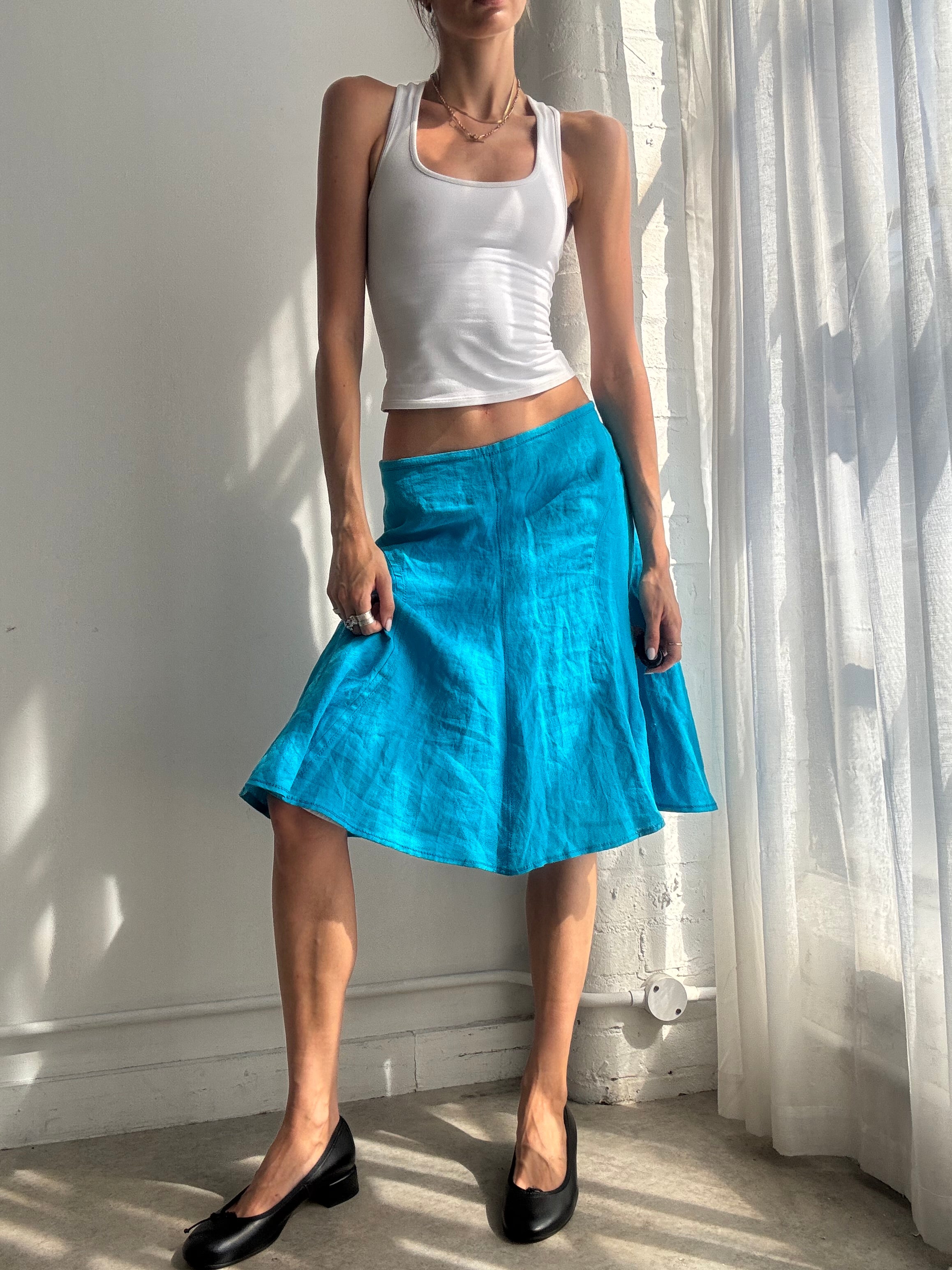Vintage Y2K Turquoise Linen Midi Skirt - Size S