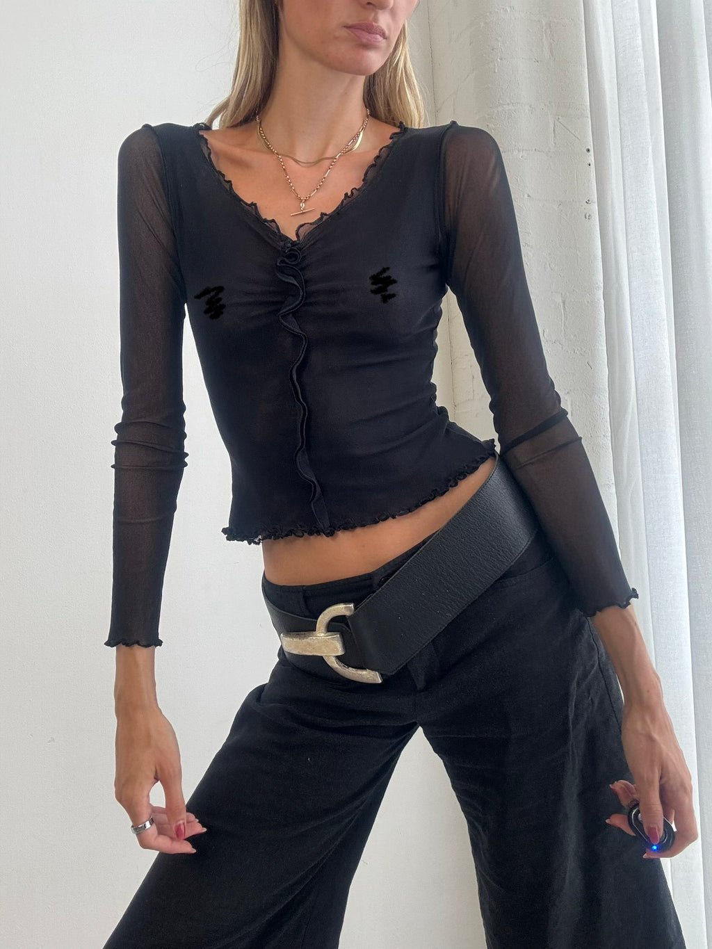 Vintage Y2K Black Sheer Mesh Ruffle Top – Size XS