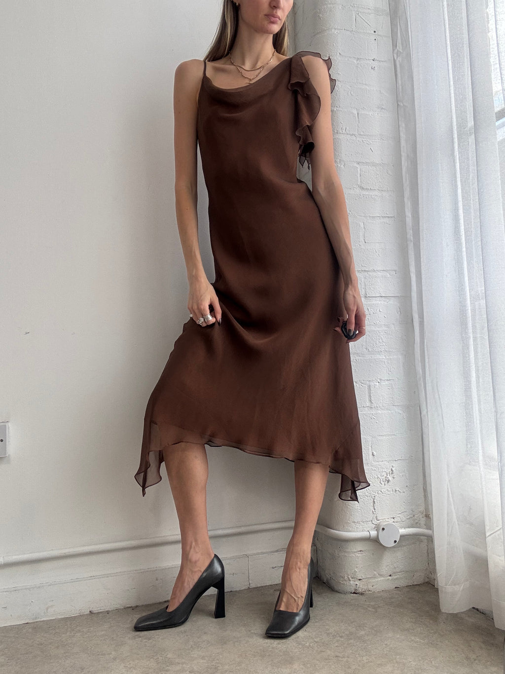 Vintage 90's chocolate brown asymmetric slip midi dress - Size M
