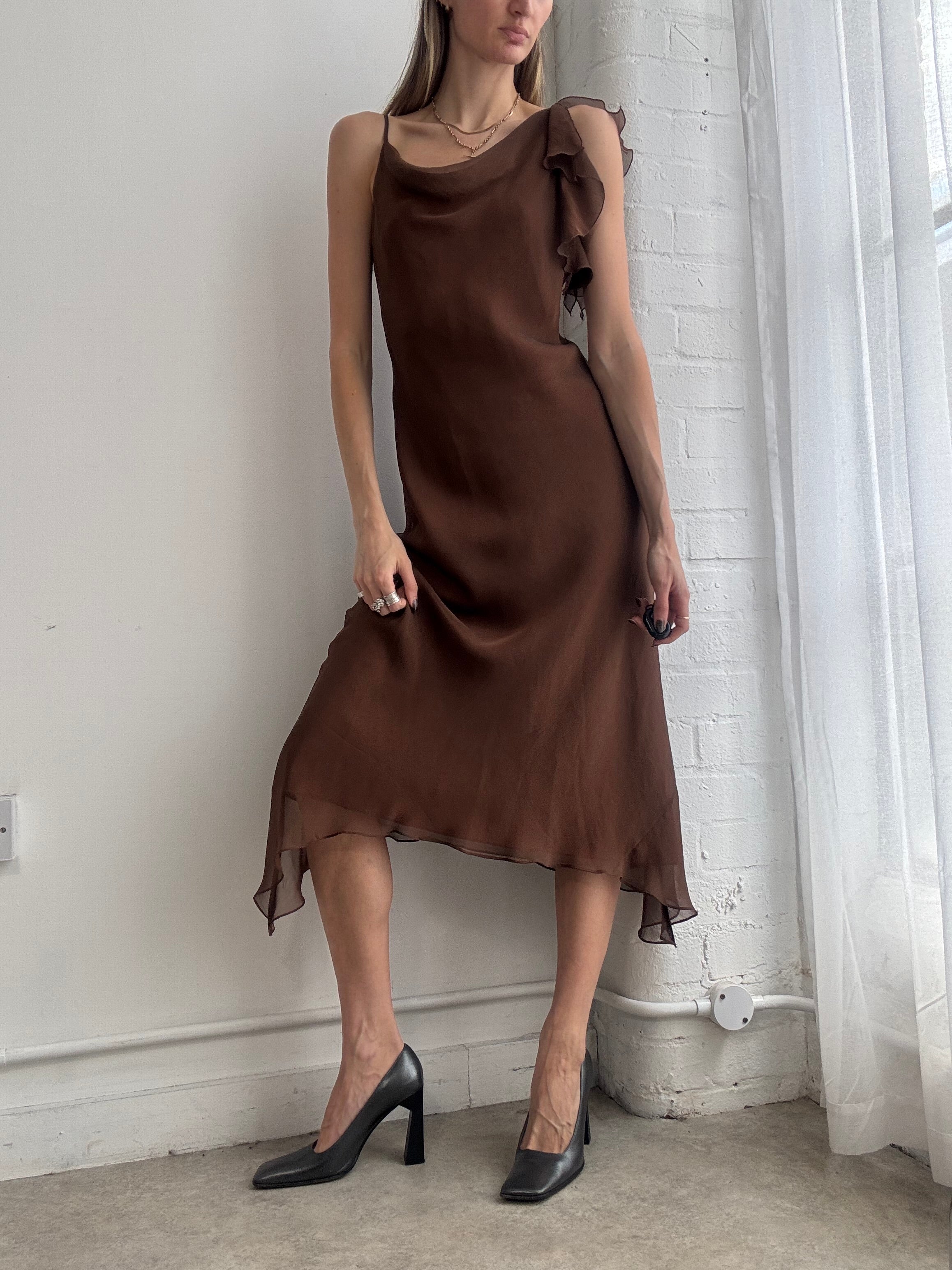 Vintage 90's chocolate brown asymmetric slip midi dress - Size M