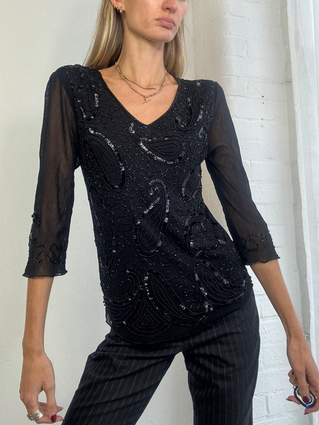 Vintage Y2K beaded mesh top black