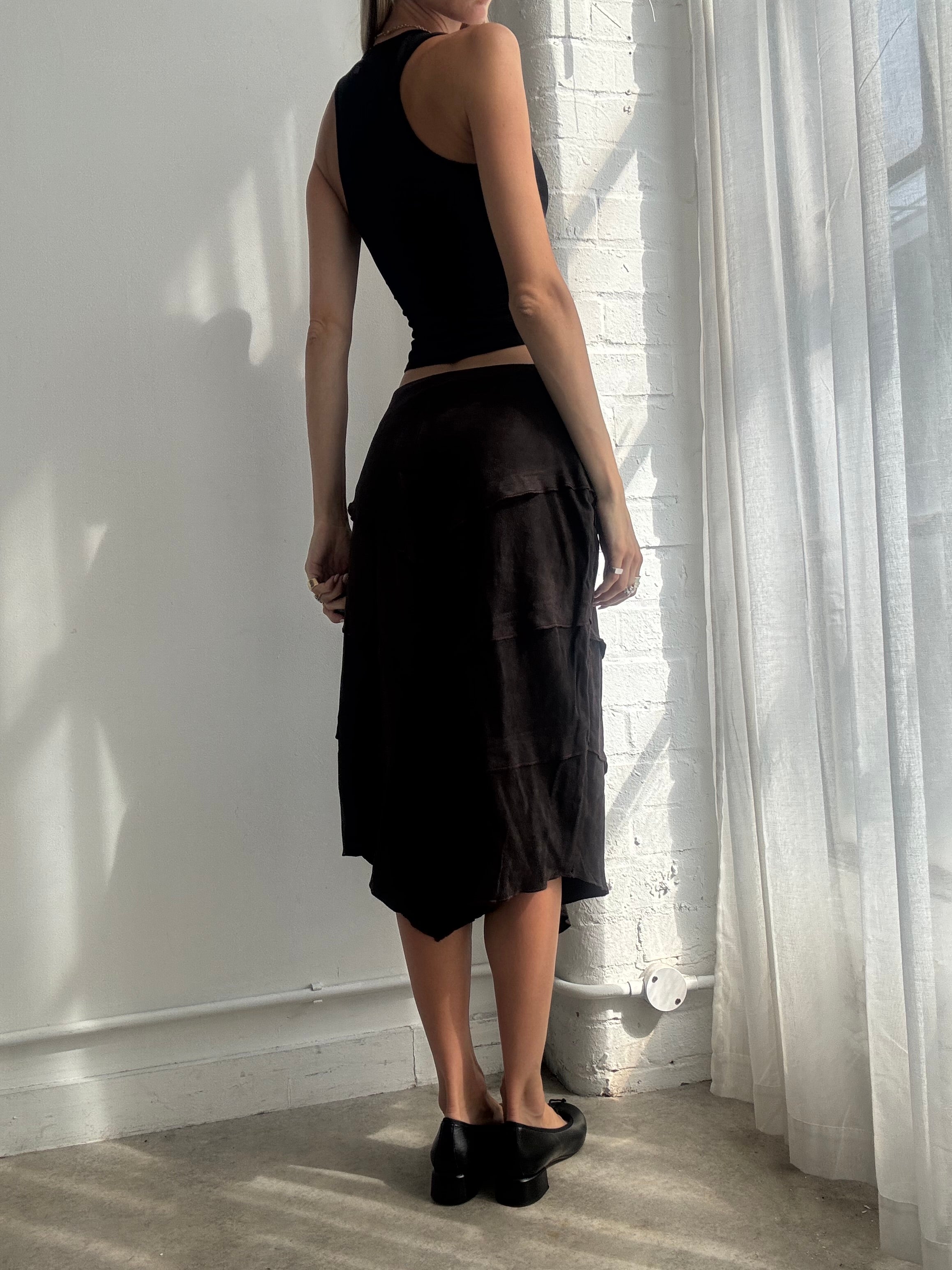 Vintage Y2K Chocolate Brown Faux Suede Ruffle Asymmetric Midi Skirt - Size S