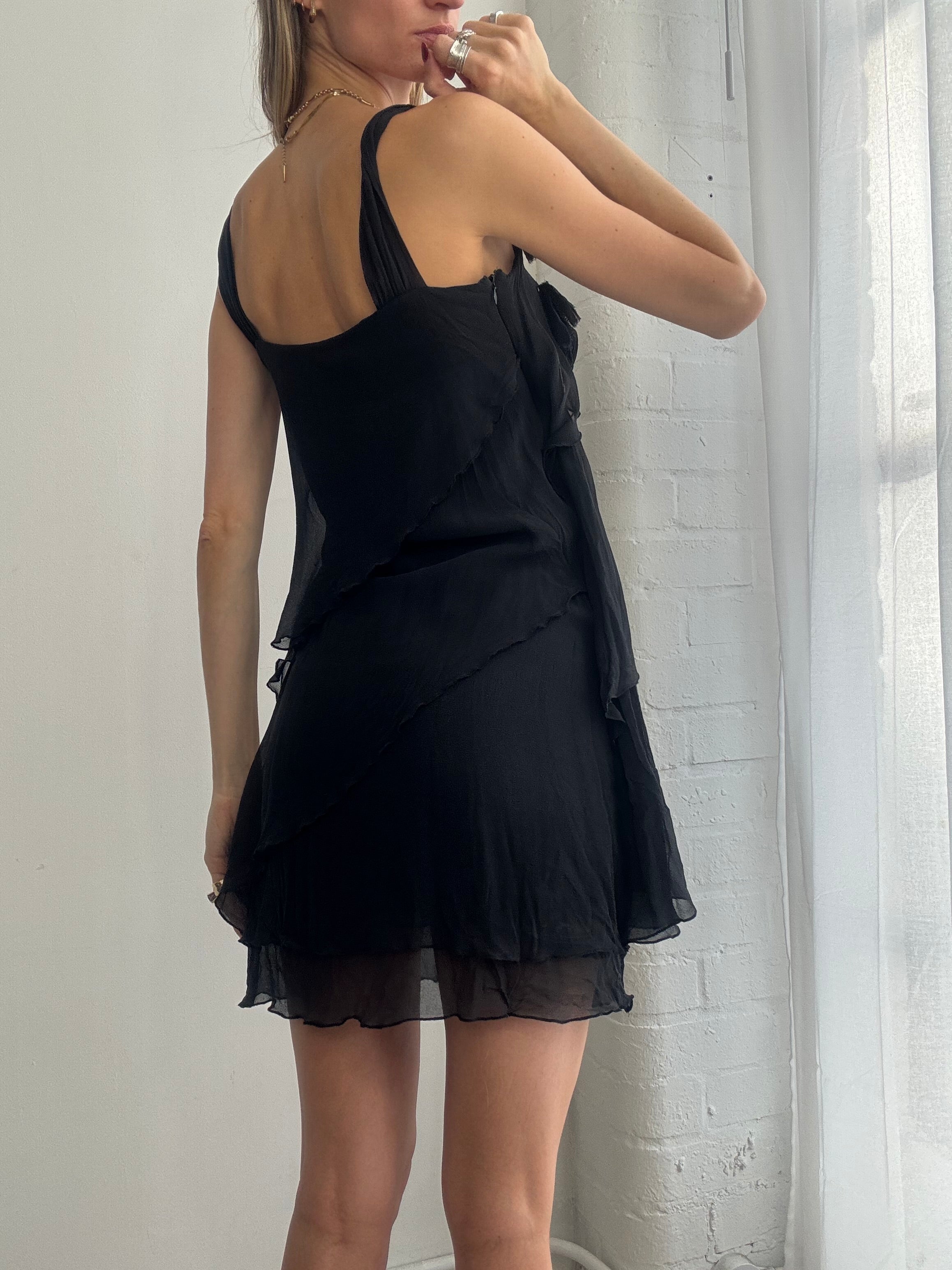 Vintage 90s silk ruffle mini dress black