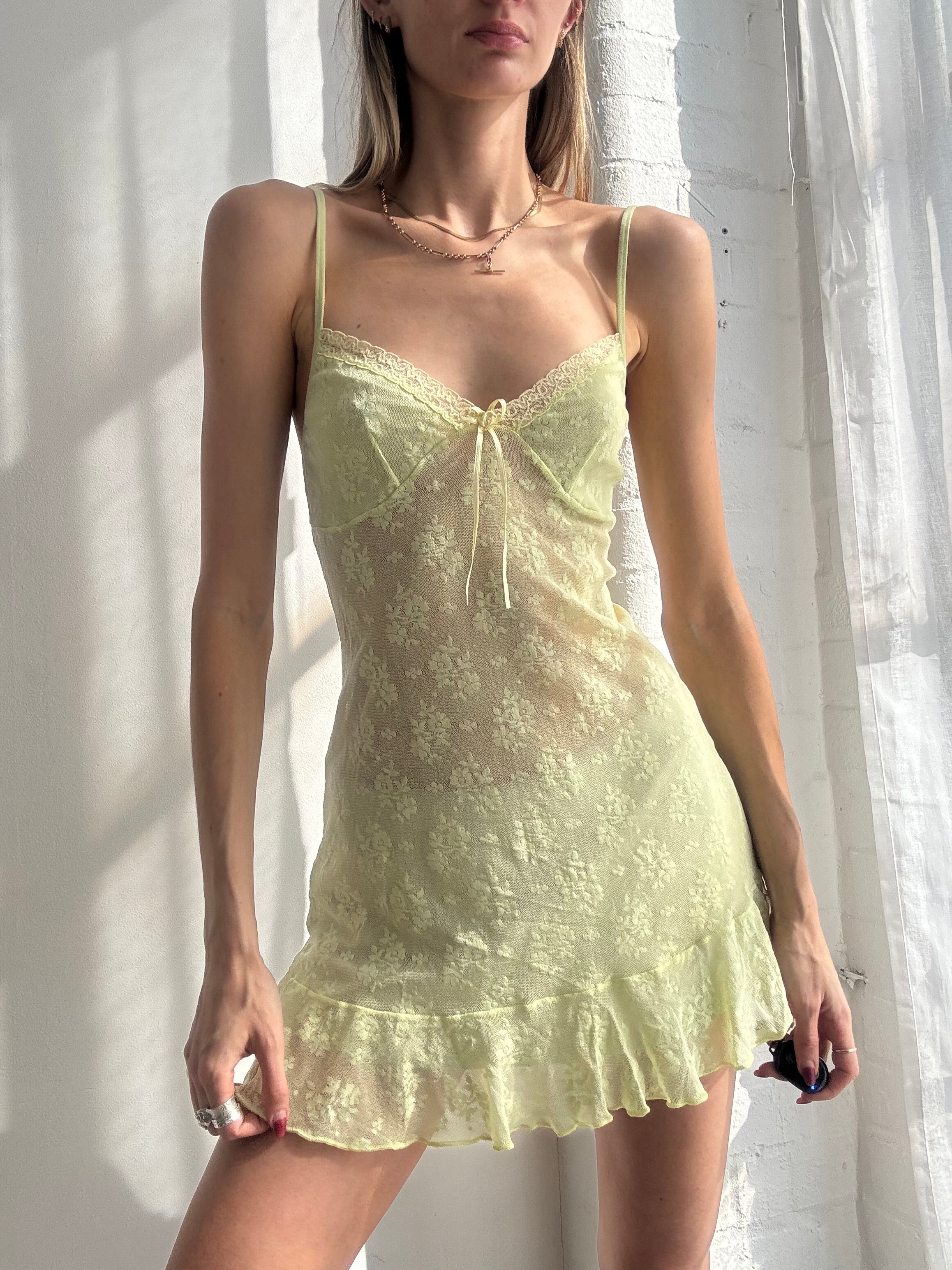 Vintage Y2K lime green lace slip mini dress