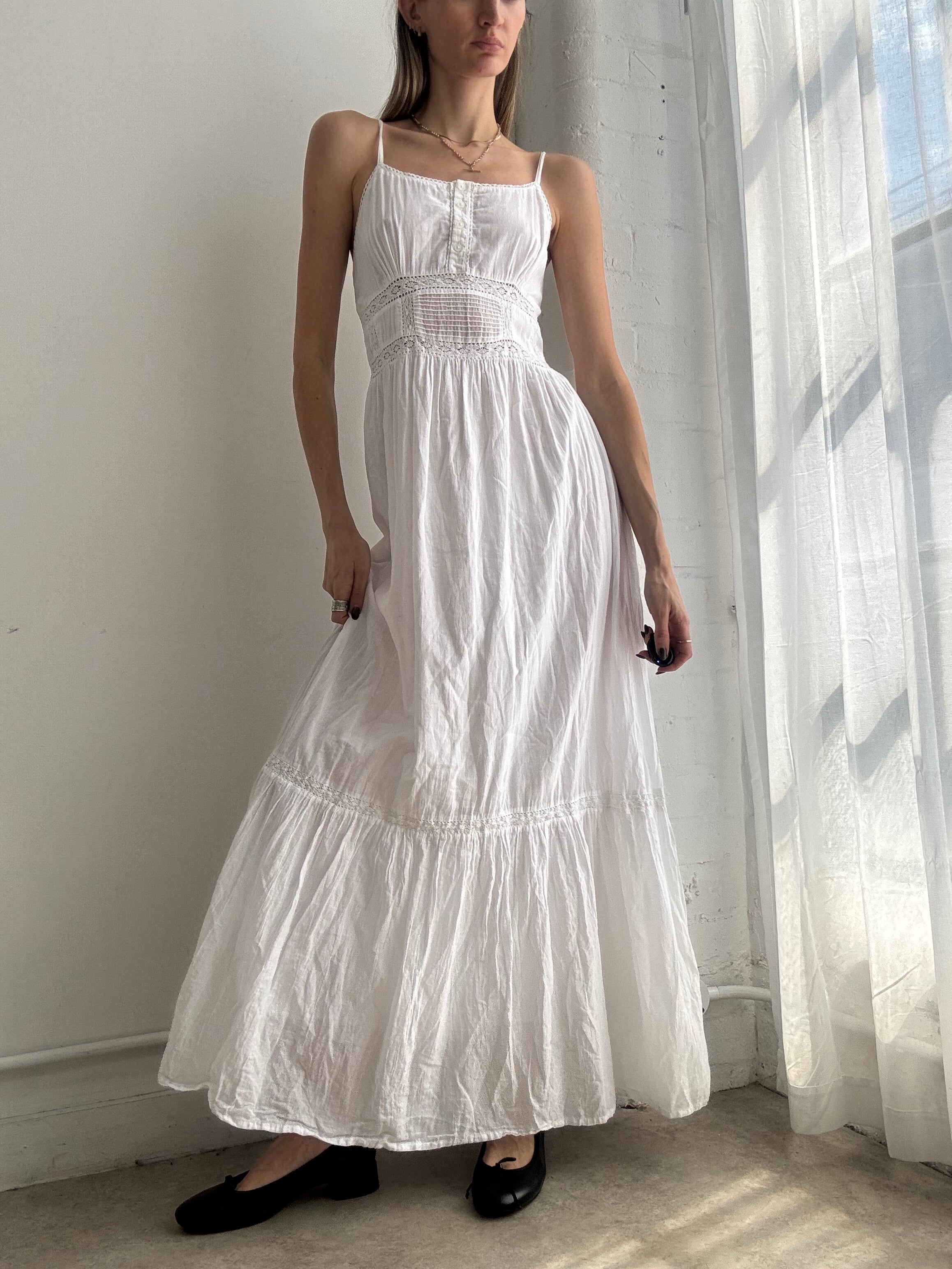 Vintage Y2K white cotton tiered maxi dress - Size M
