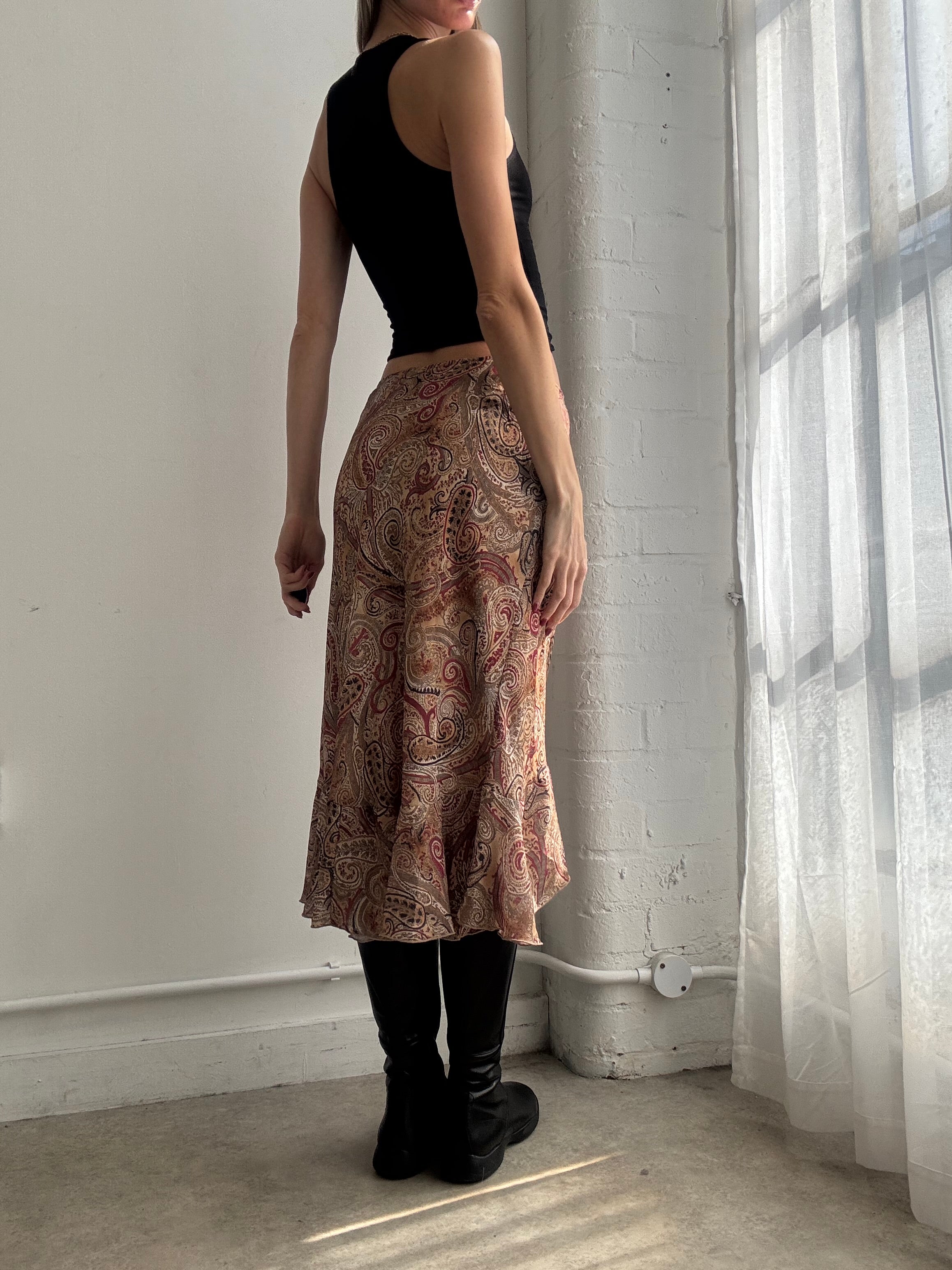 Vintage Y2K brown paisley mesh midi skirt
