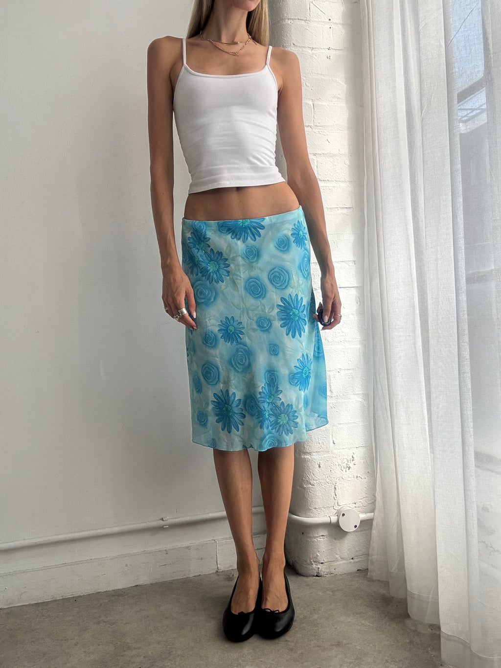 Vintage Y2K Blue Floral Mesh Midi Skirt - Size S/M