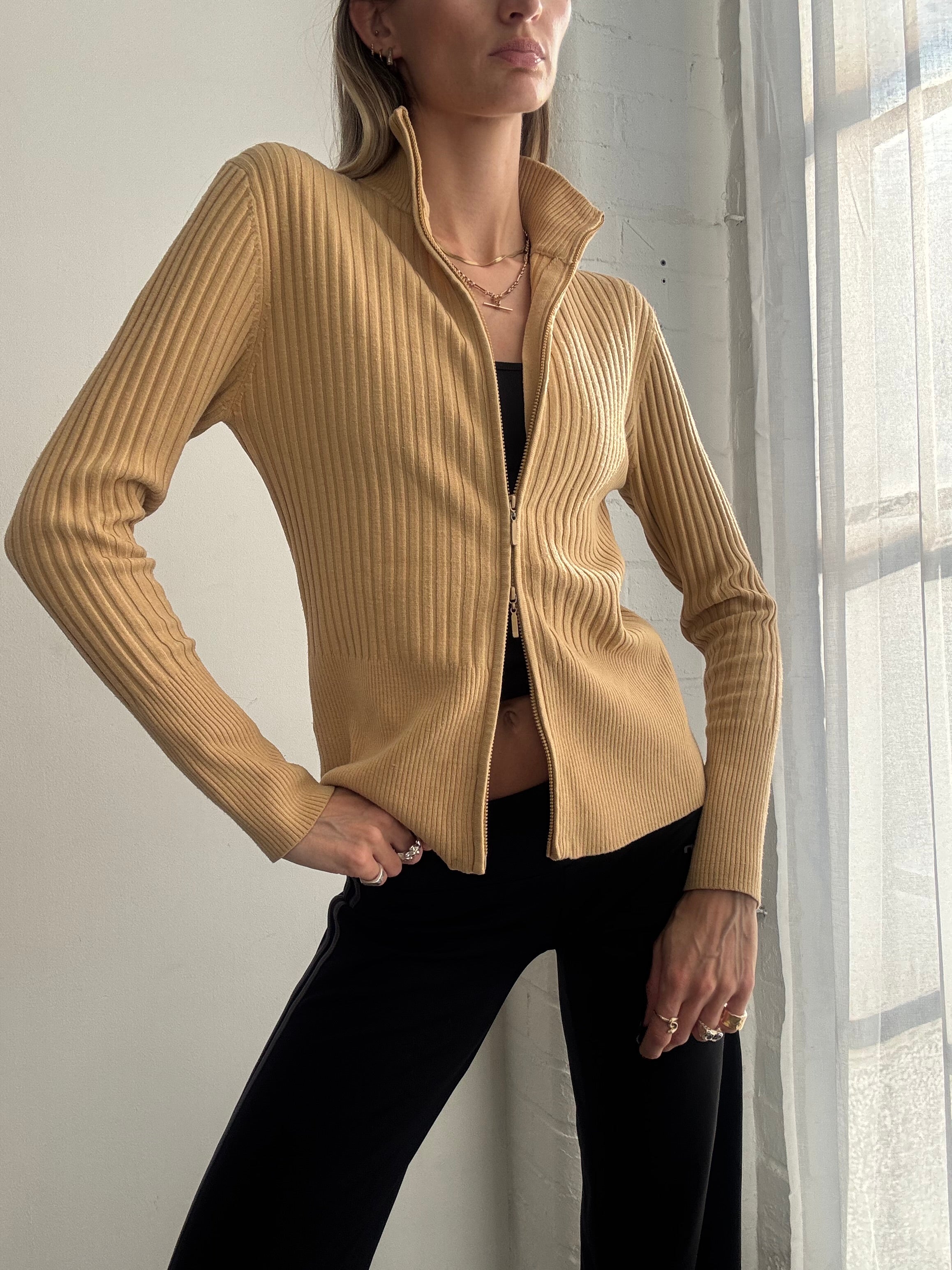 Vintage Y2K tan dual zip jumper