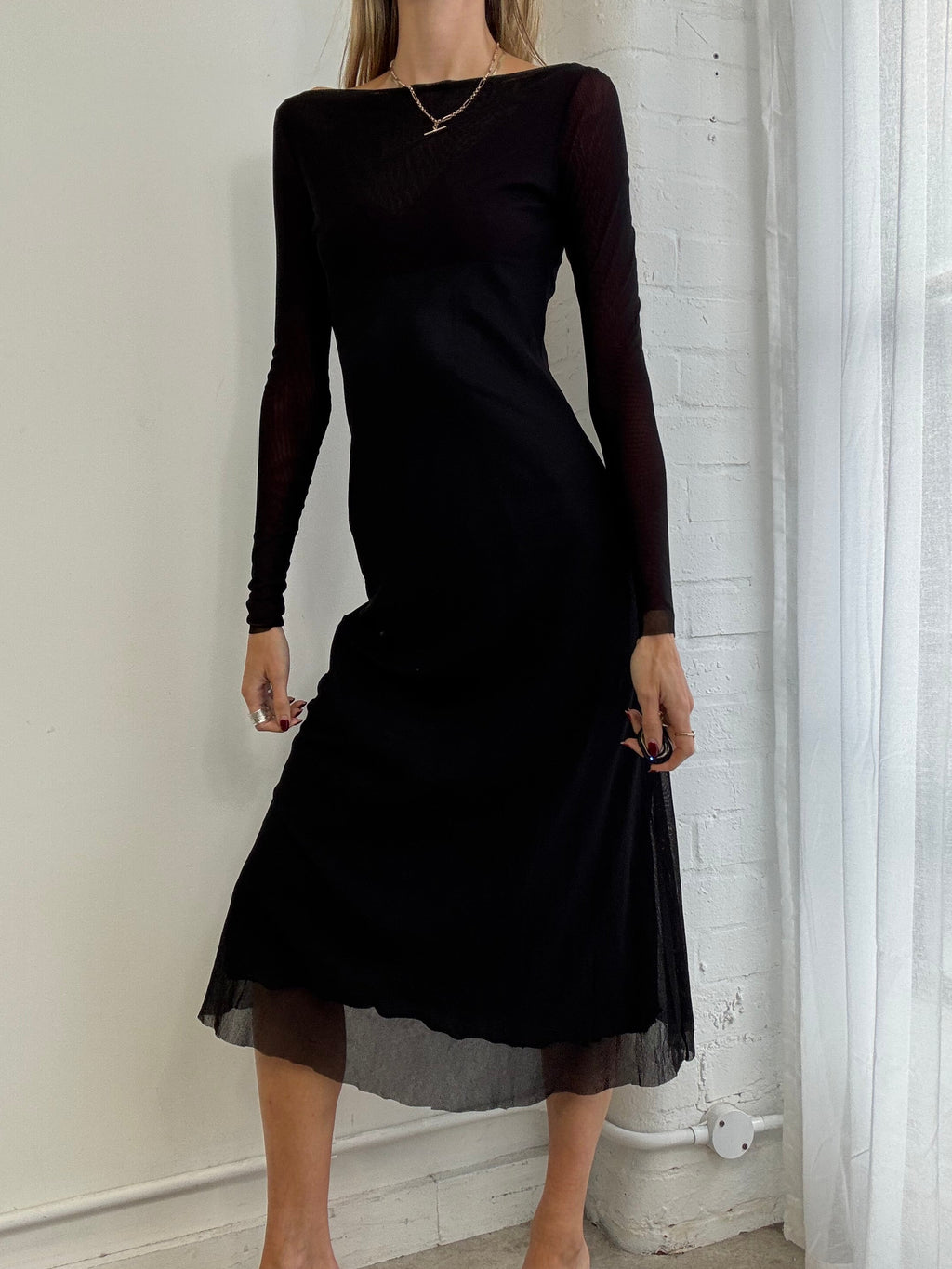 Vintage Y2K mesh boat neck midi dress black