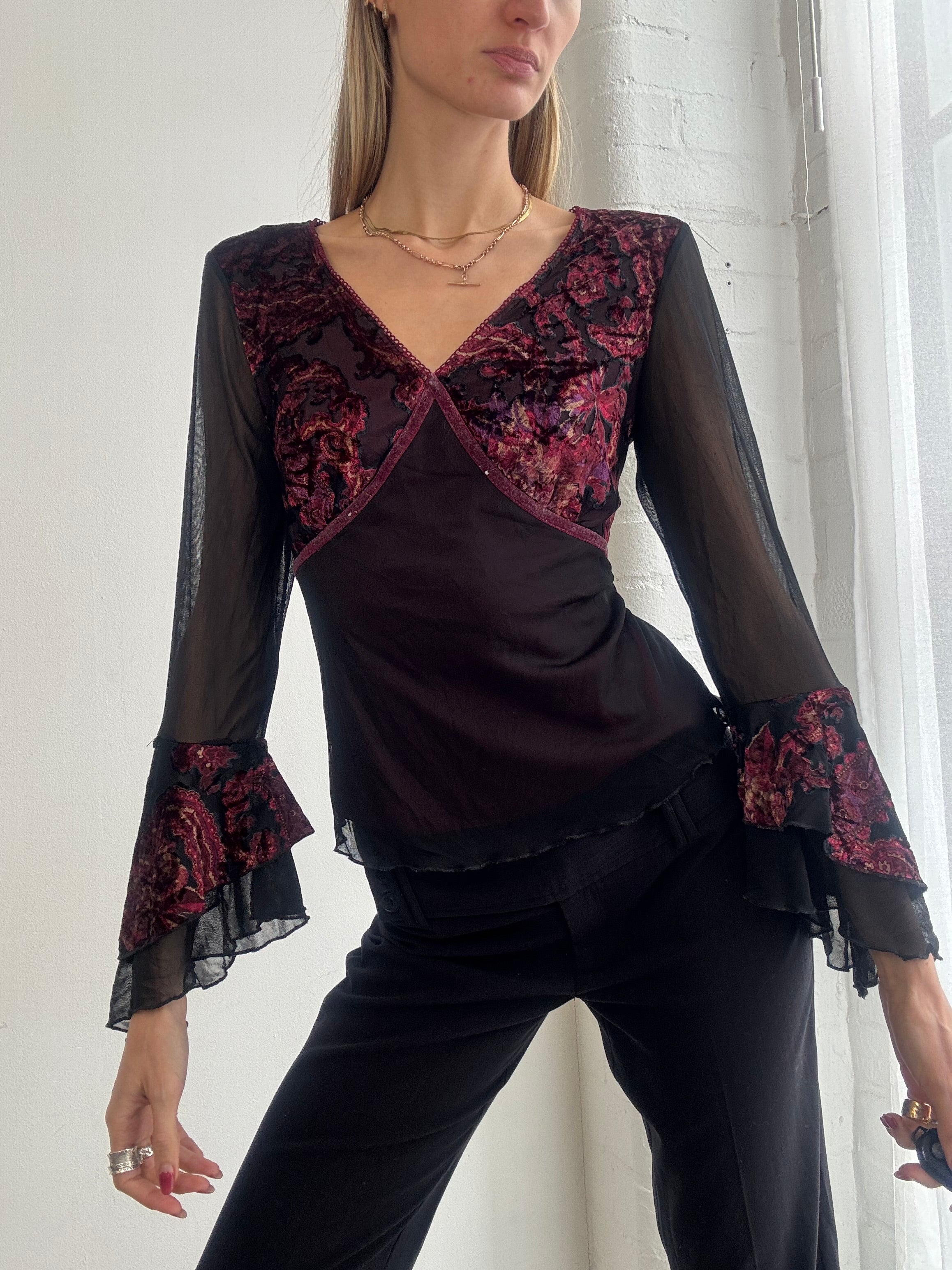 Vintage Y2K black & burgundy lace mesh top