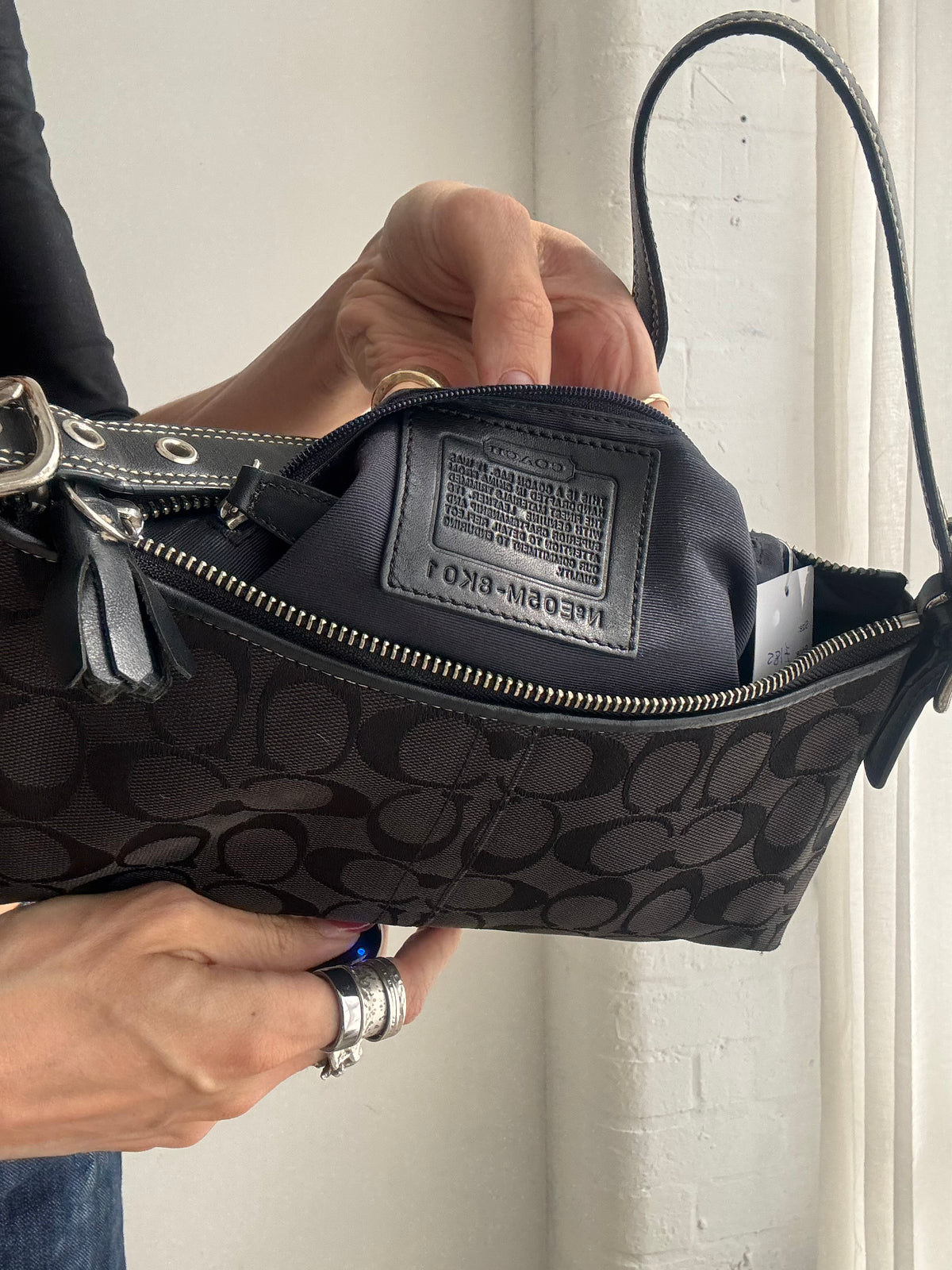 Vintage Coach Y2K Black Signature Monogram Shoulder Baguette Bag