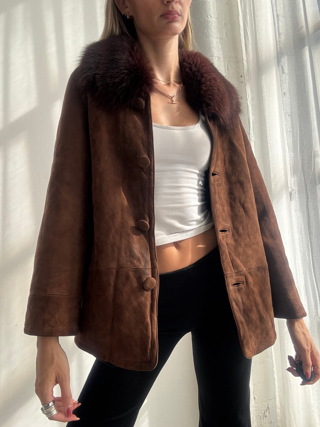 Vintage Y2K Brown Suede Jacket with Fox Fur Collar - Size S
