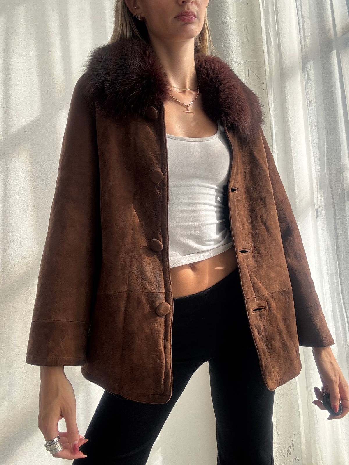 Vintage Y2K Brown Suede Jacket with Fox Fur Collar - Size S