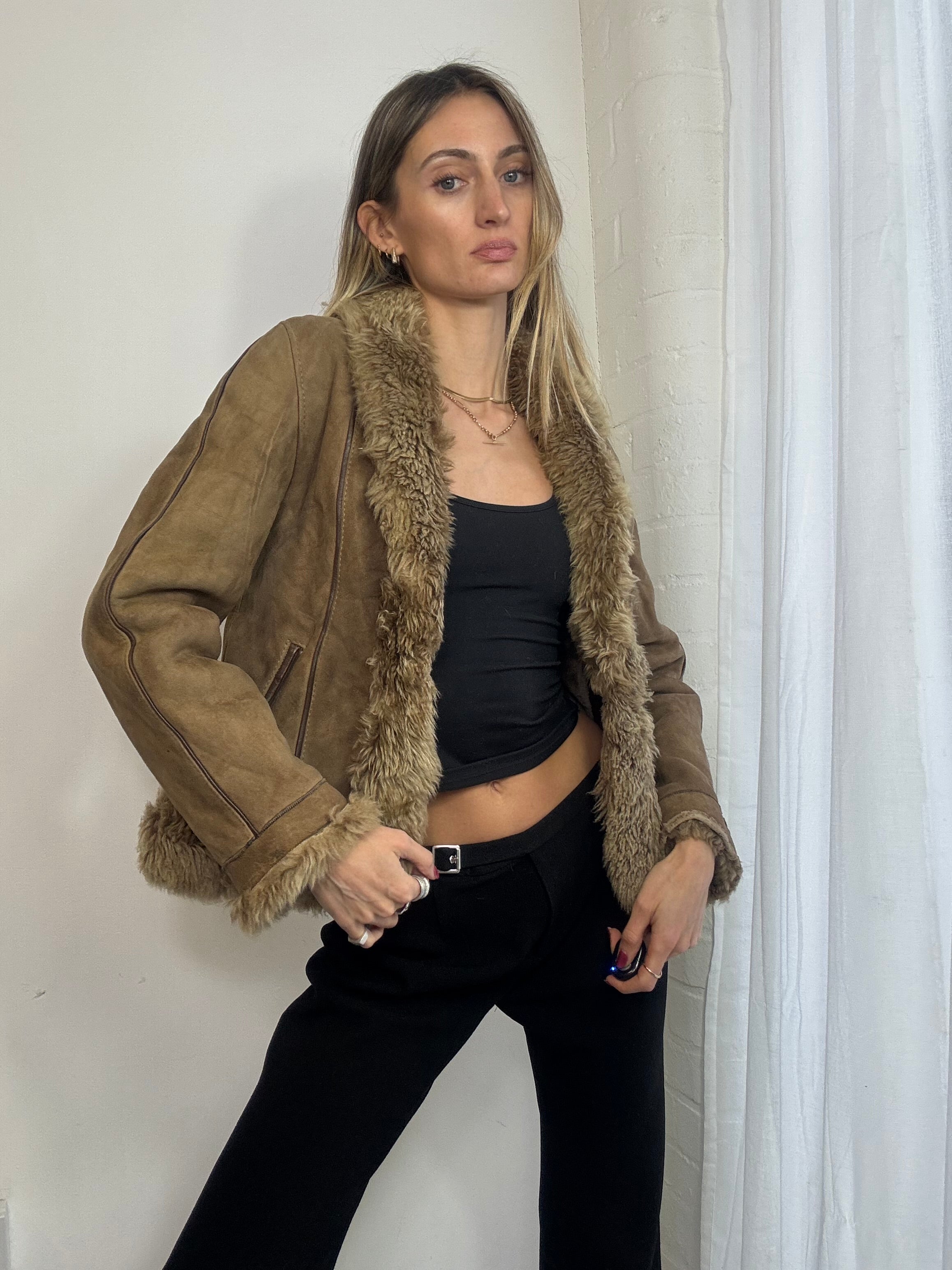 Vintage 90s brown suede sheepskin shearling coat