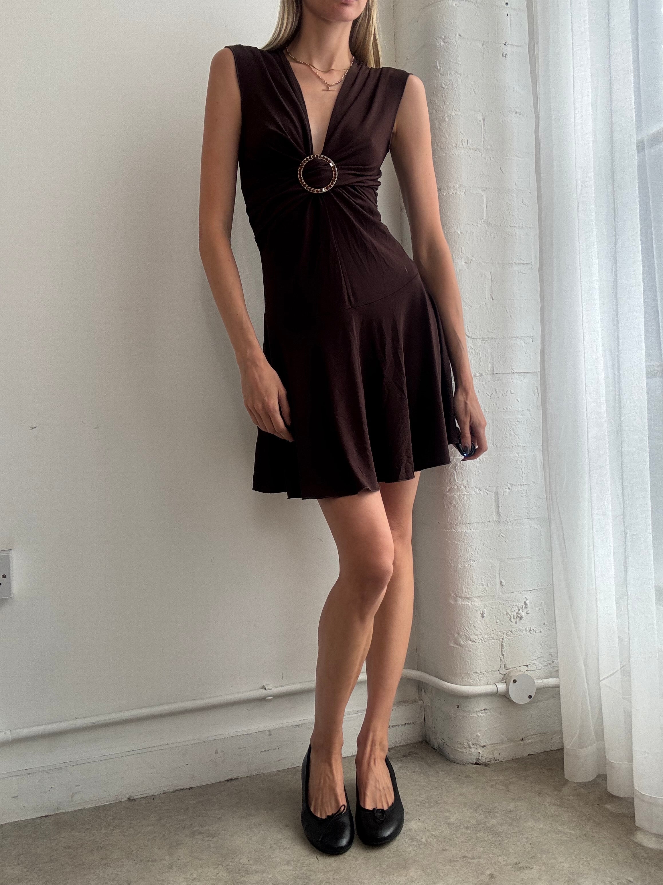 Vintage Y2K chocolate brown o-ring detail mini dress - Size XS-S
