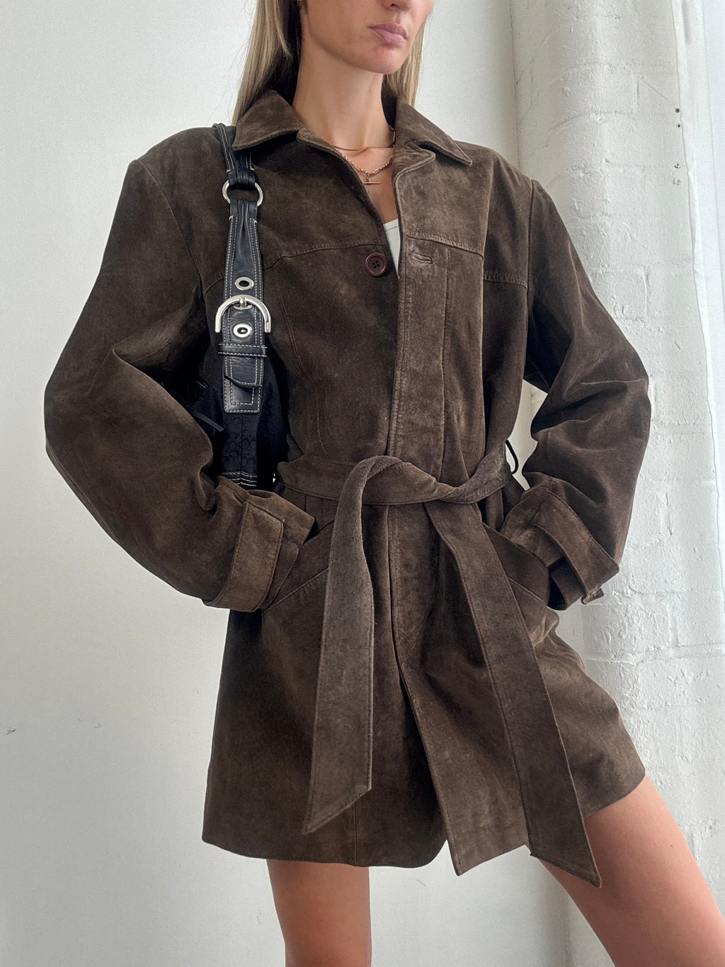 Vintage 90's Chocolate Brown Suede Belted Jacket - Size M