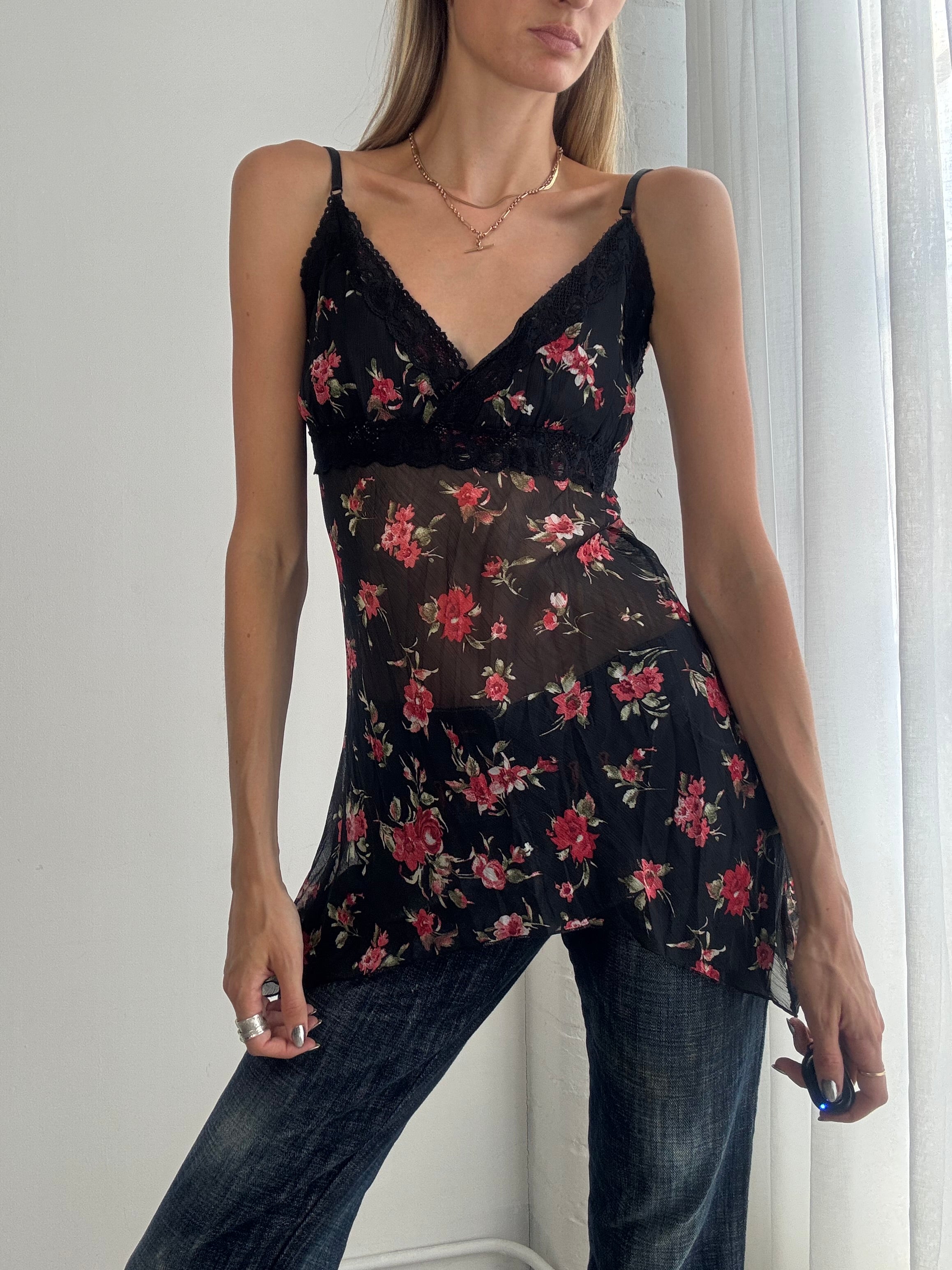 Vintage Y2K Black Floral Mesh Cami Top – Sheer Fairy Grunge Babydoll Top - Size S