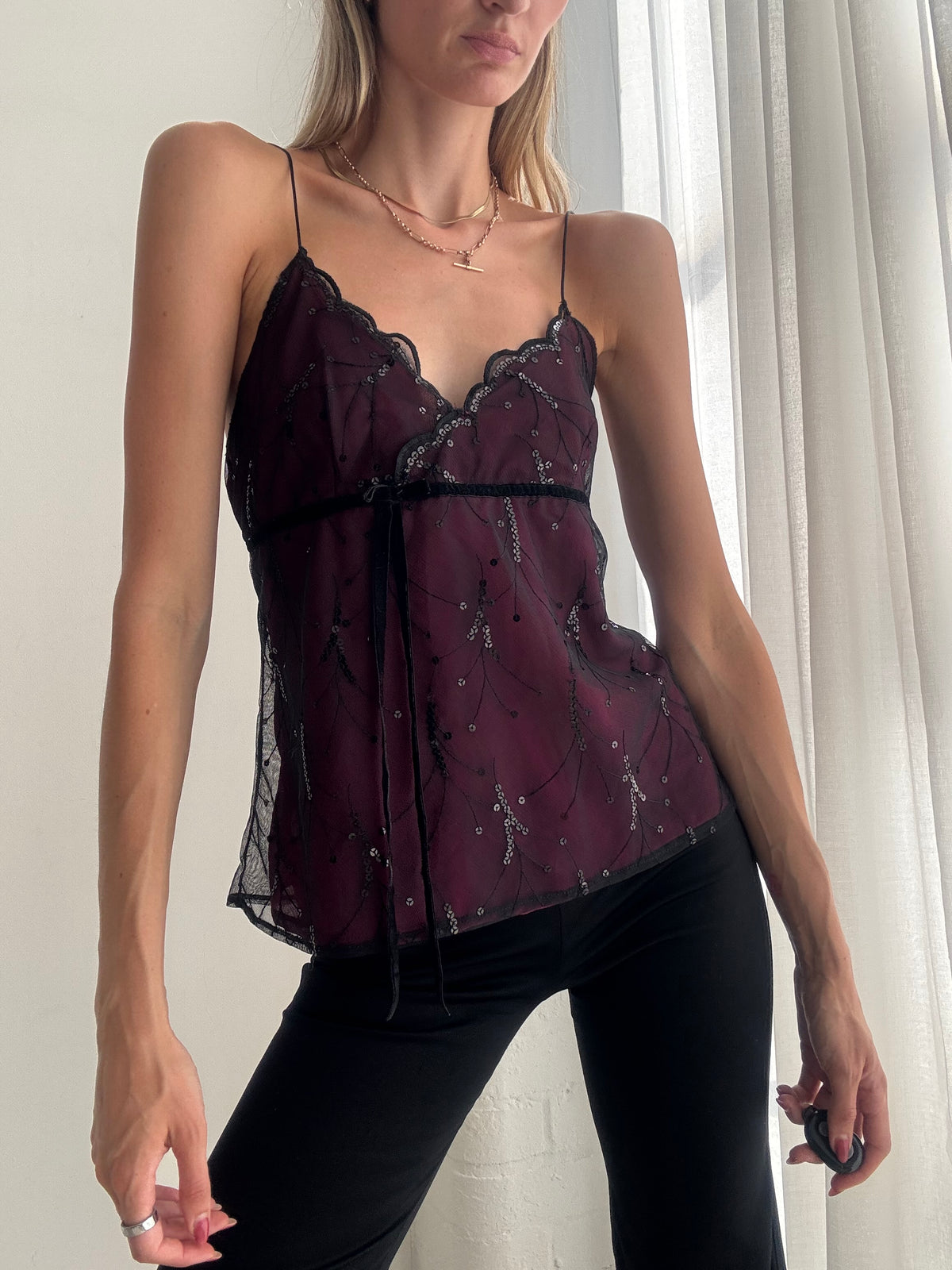 Vintage Y2K Burgundy Sheer Lace Sequin Cami Top - Size L