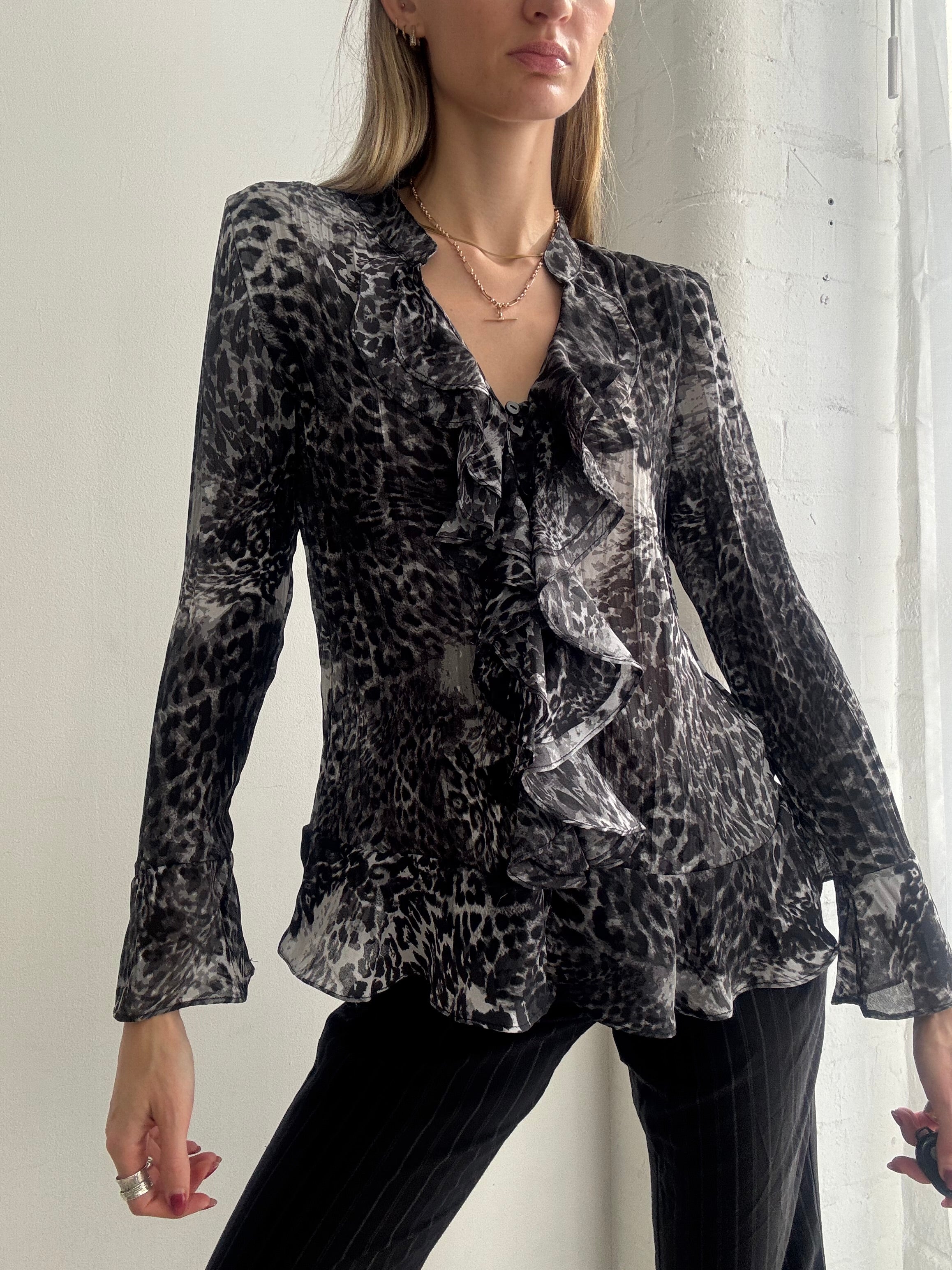 Vintage Y2K sheer animal print ruffle blouse