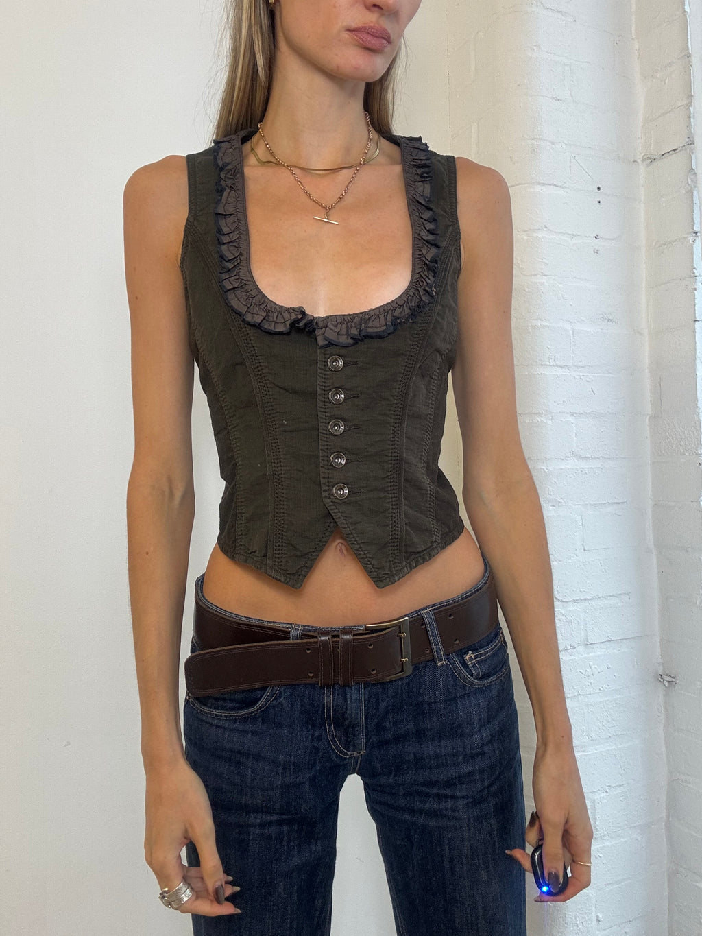 Vintage Y2K Mexx Dark Brown Ruffle Trim Waistcoat - Size M