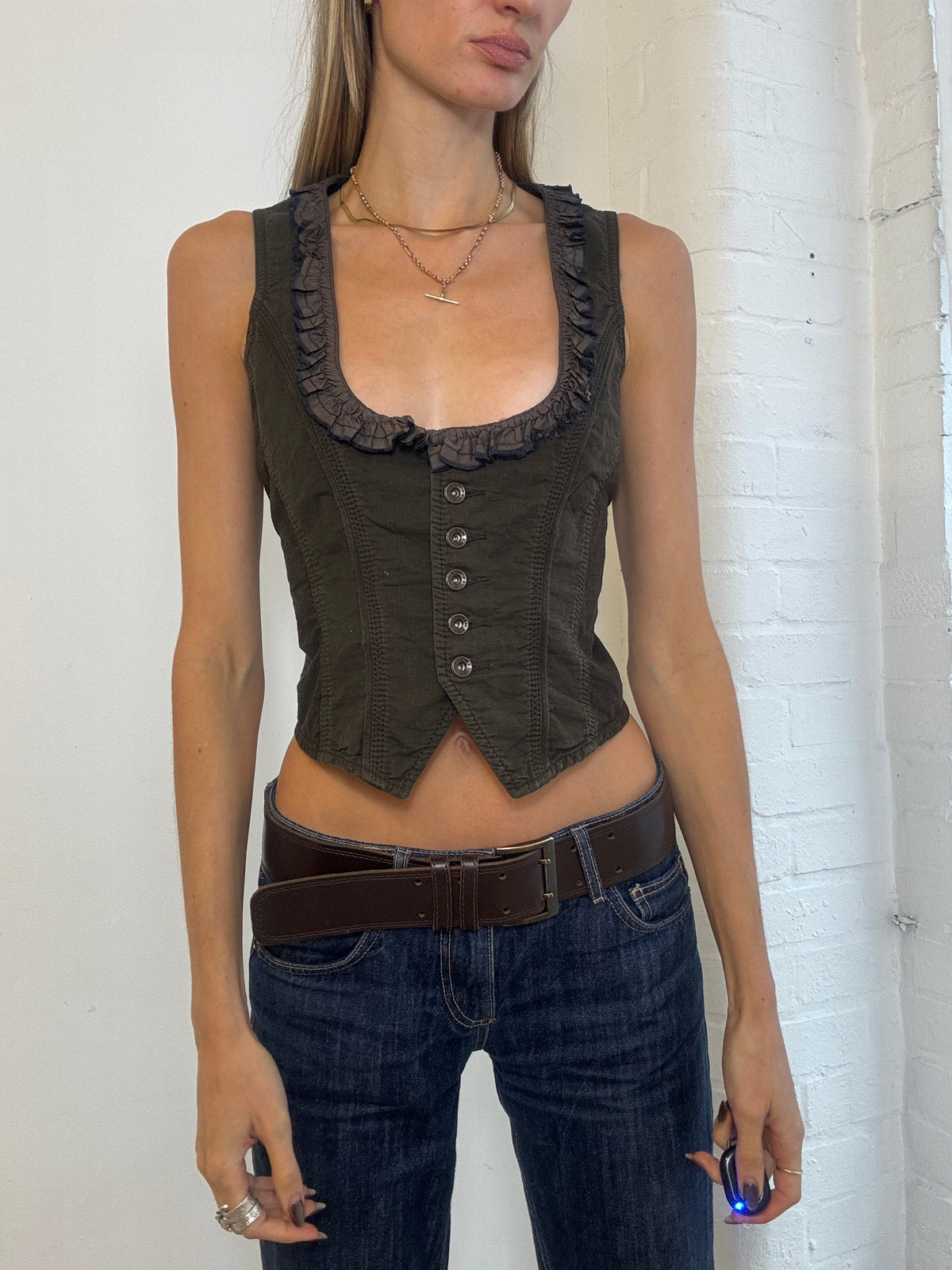 Vintage Y2K Mexx Dark Brown Ruffle Trim Waistcoat - Size M