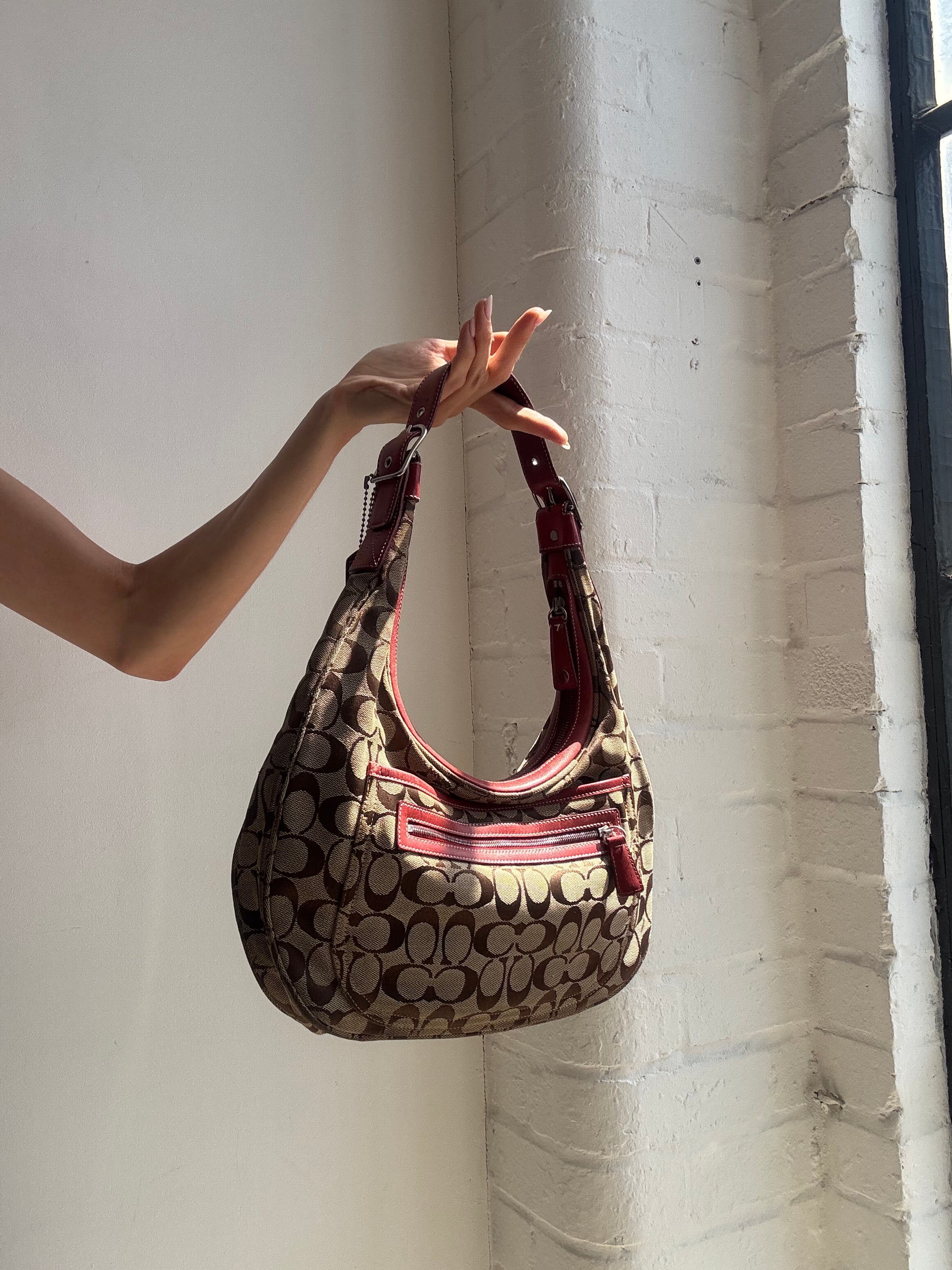 Vintage Y2K Coach Signature Hobo Shoulder Bag Brown Red