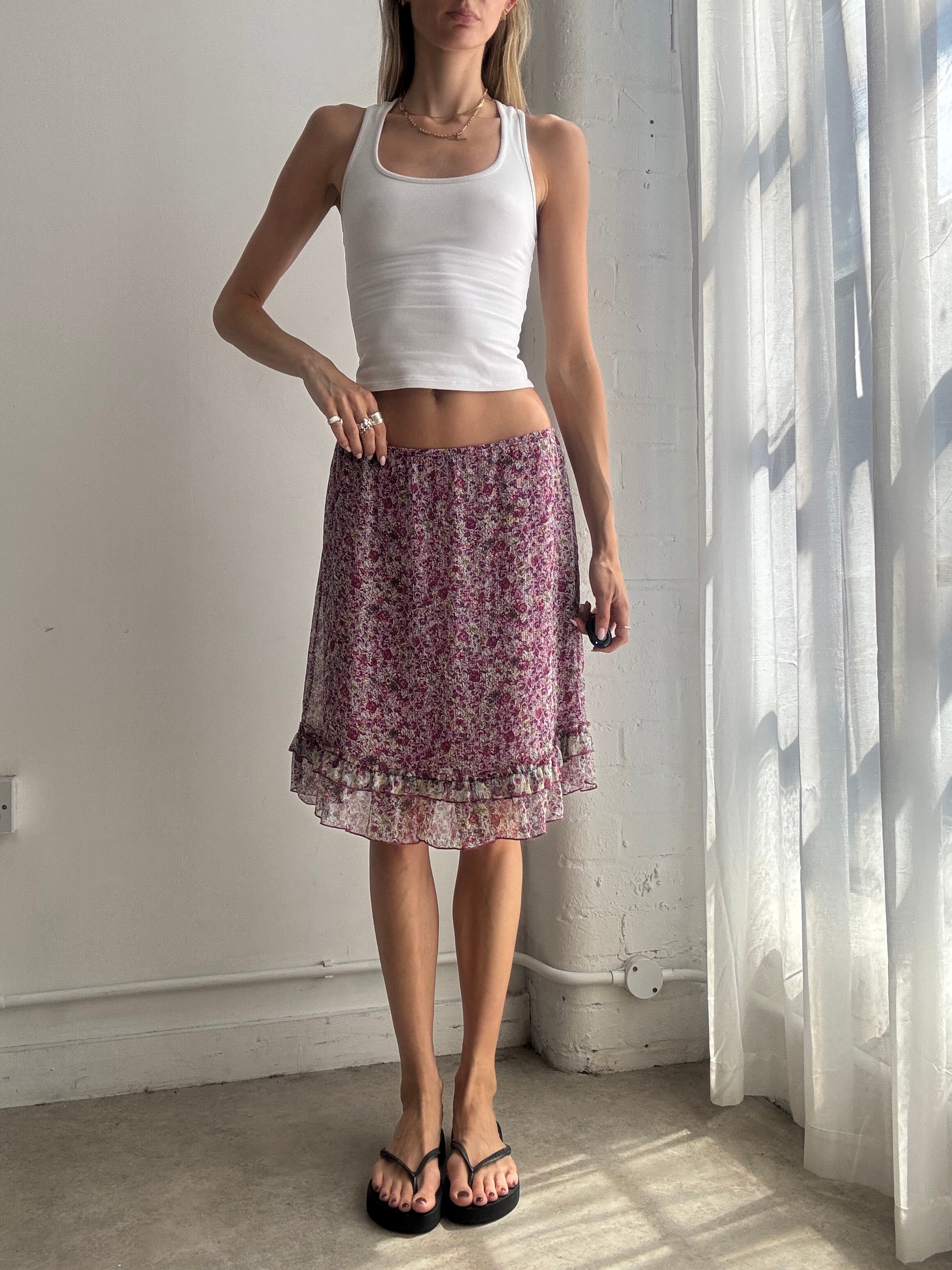 Vintage Floral Mesh Ruffle Midi Skirt Y2K - Size M